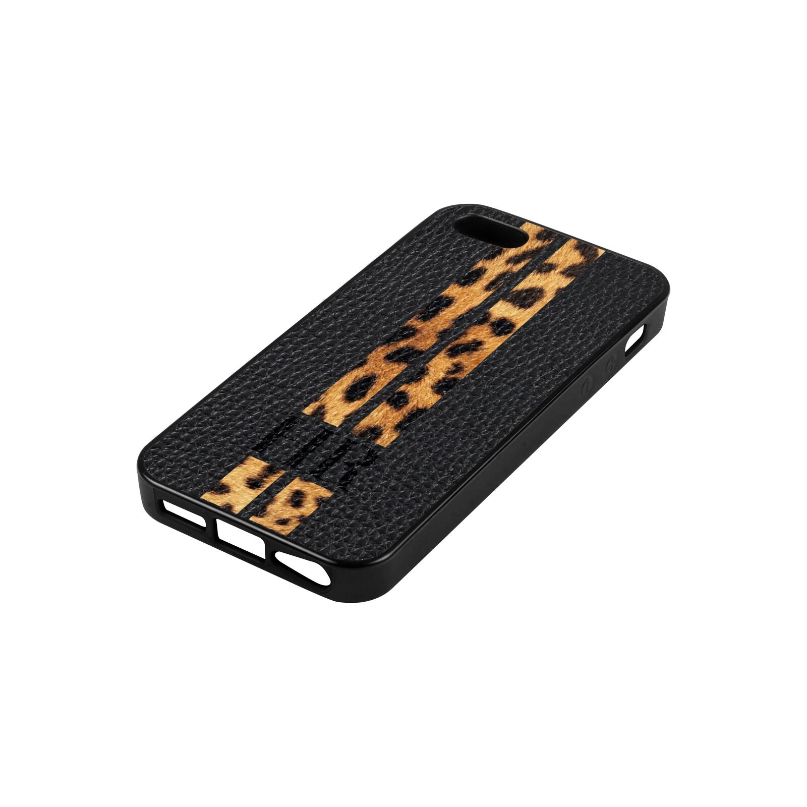 Initialled Leopard Print Stripes Black Pebble Leather iPhone 5 Case Side Angle