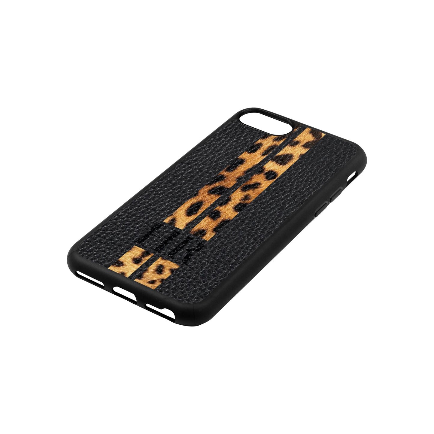 Initialled Leopard Print Stripes Black Pebble Leather iPhone 8 Case Side Angle