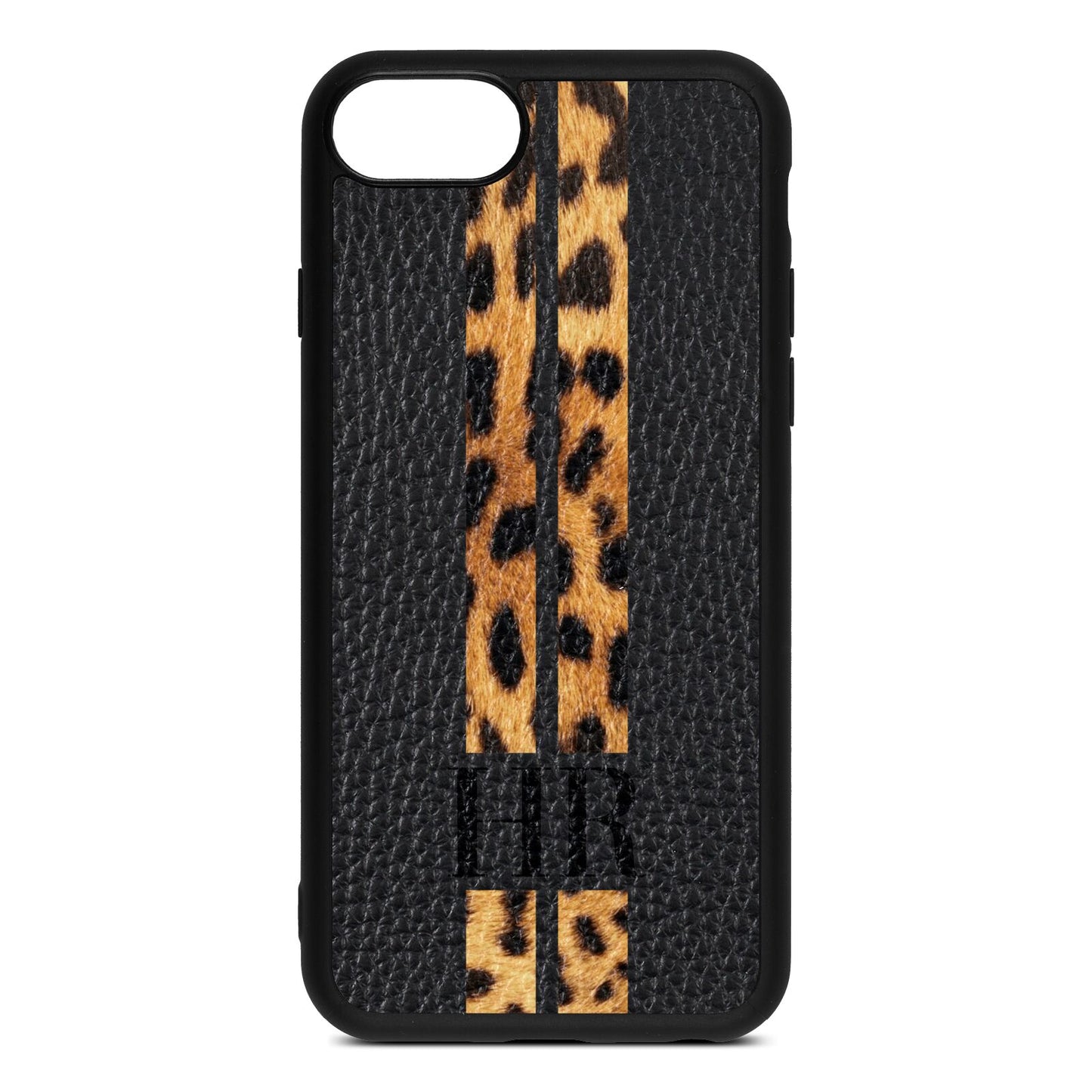 Initialled Leopard Print Stripes Black Pebble Leather iPhone 8 Case