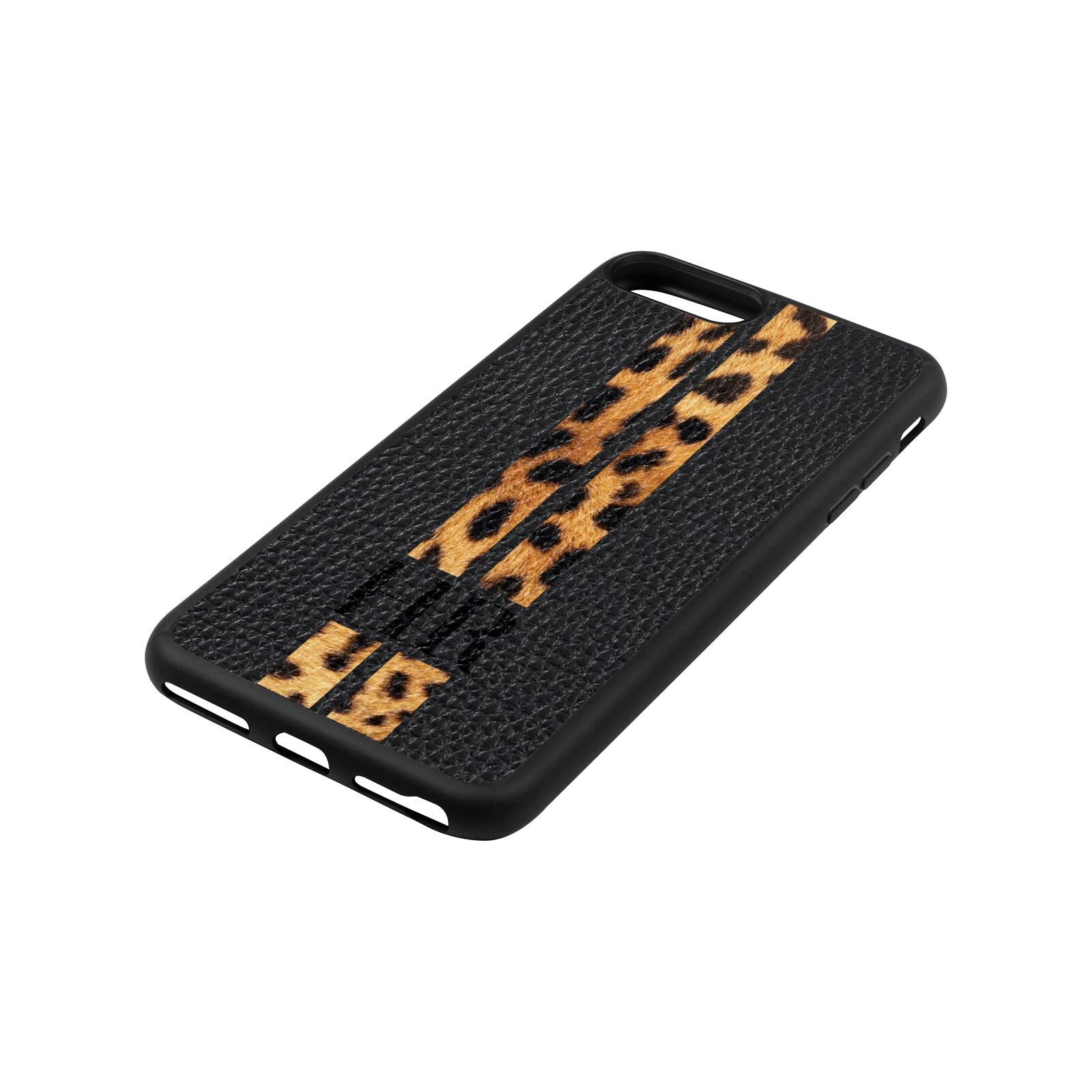 Initialled Leopard Print Stripes Black Pebble Leather iPhone 8 Plus Case Side Angle