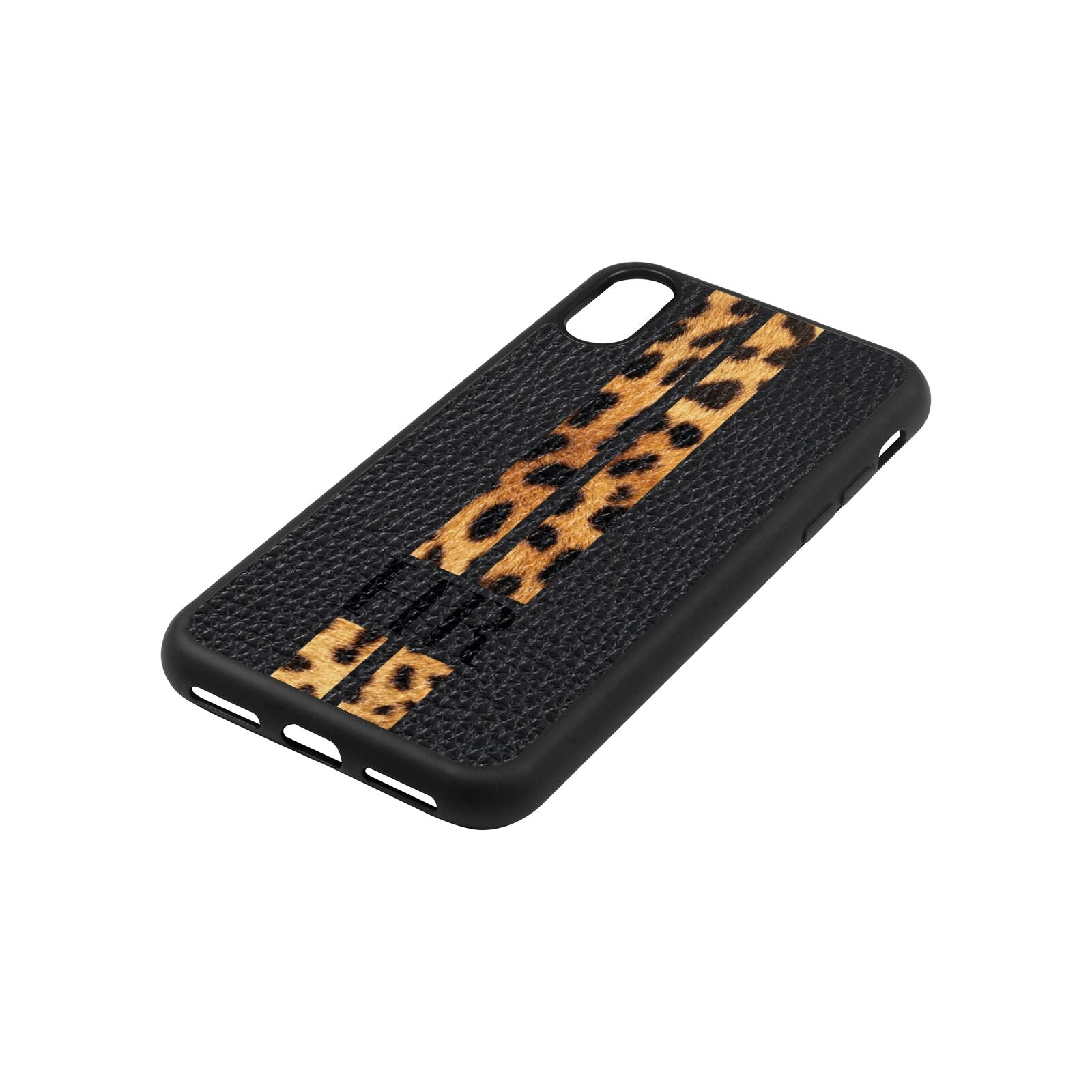 Initialled Leopard Print Stripes Black Pebble Leather iPhone Xs Case Side Angle