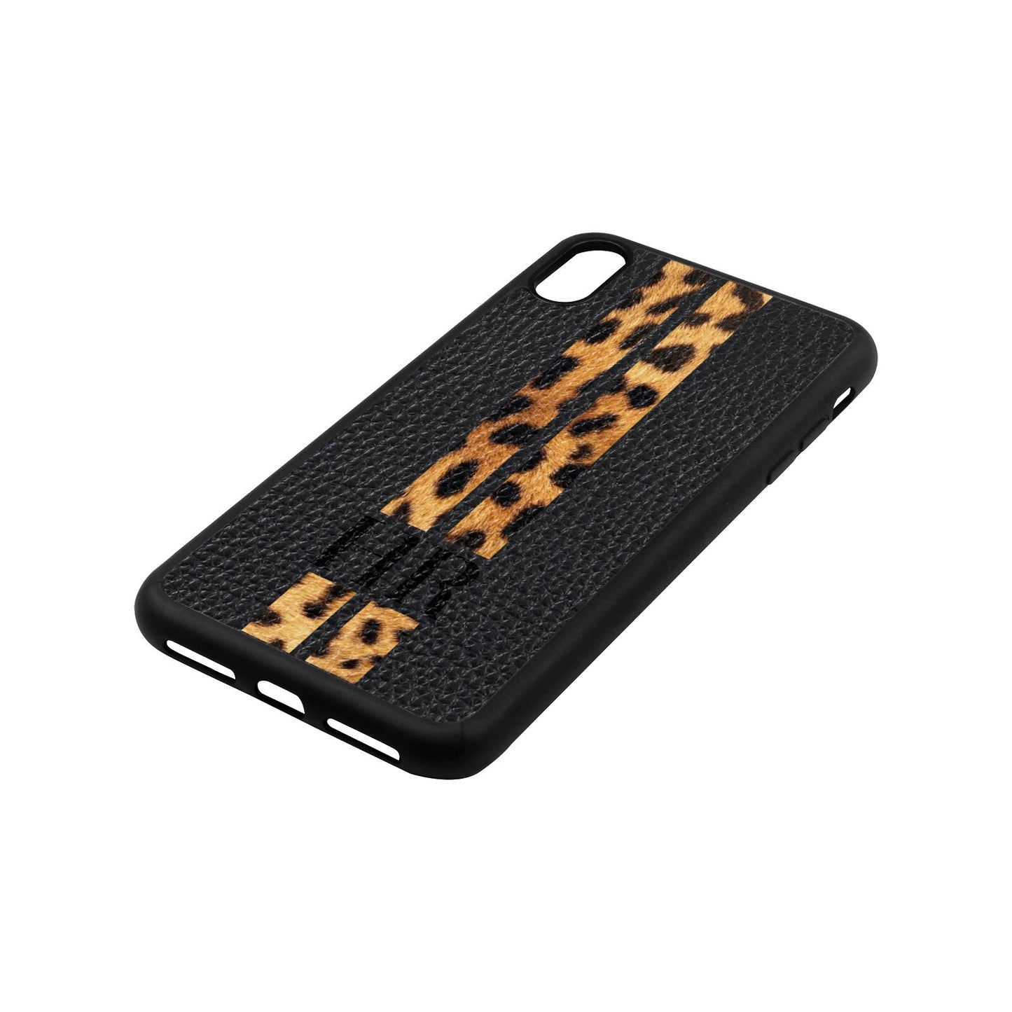 Initialled Leopard Print Stripes Black Pebble Leather iPhone Xs Max Case Side Angle