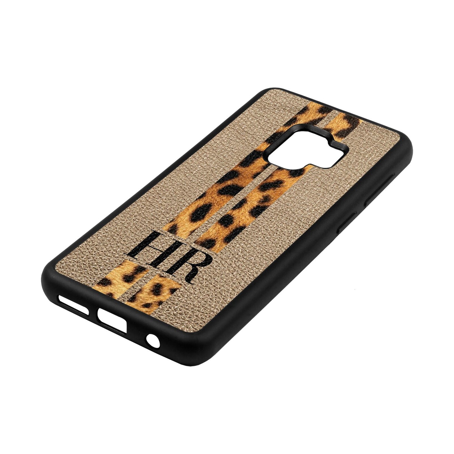 Initialled Leopard Print Stripes Gold Pebble Leather Samsung S9 Case Side Angle