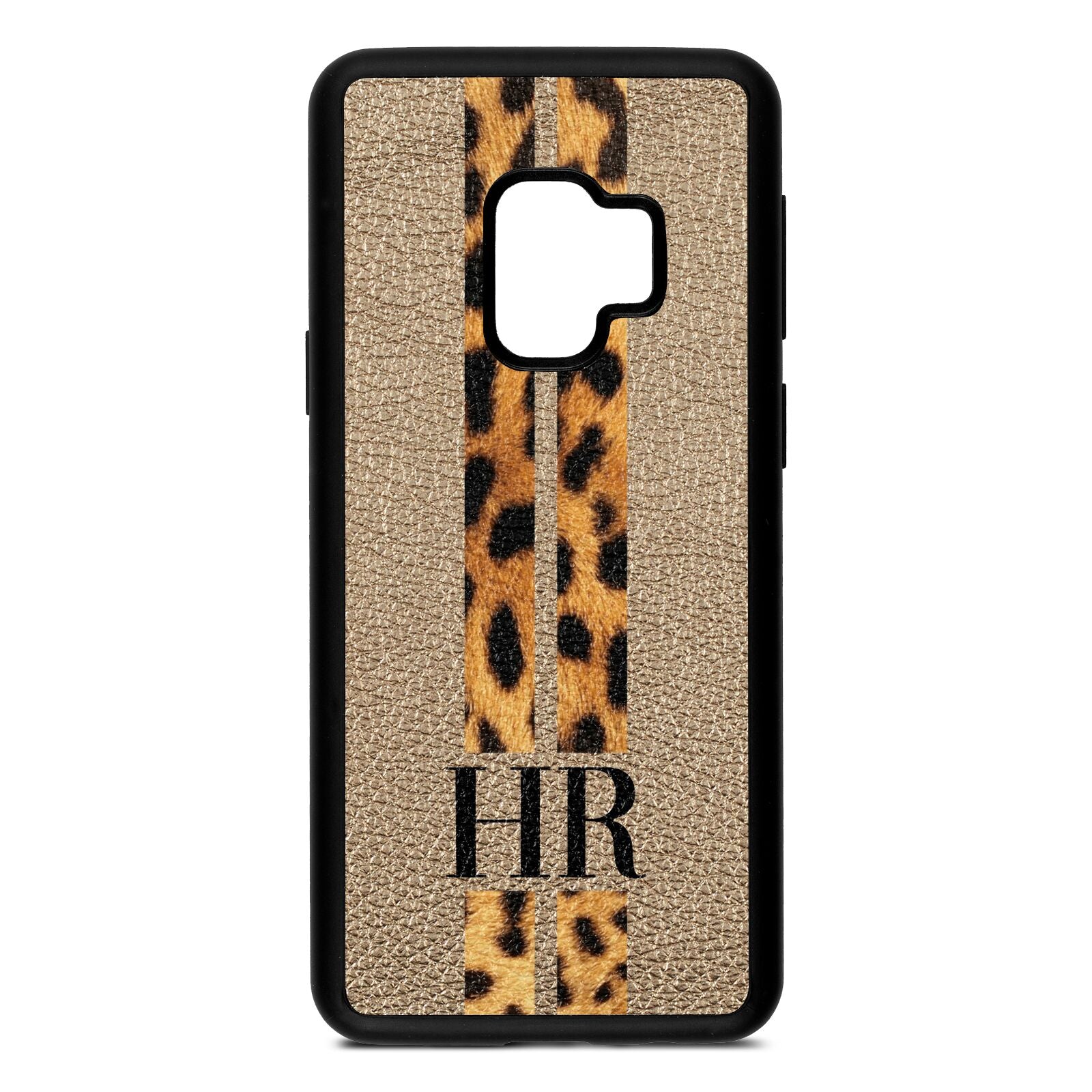Initialled Leopard Print Stripes Gold Pebble Leather Samsung S9 Case