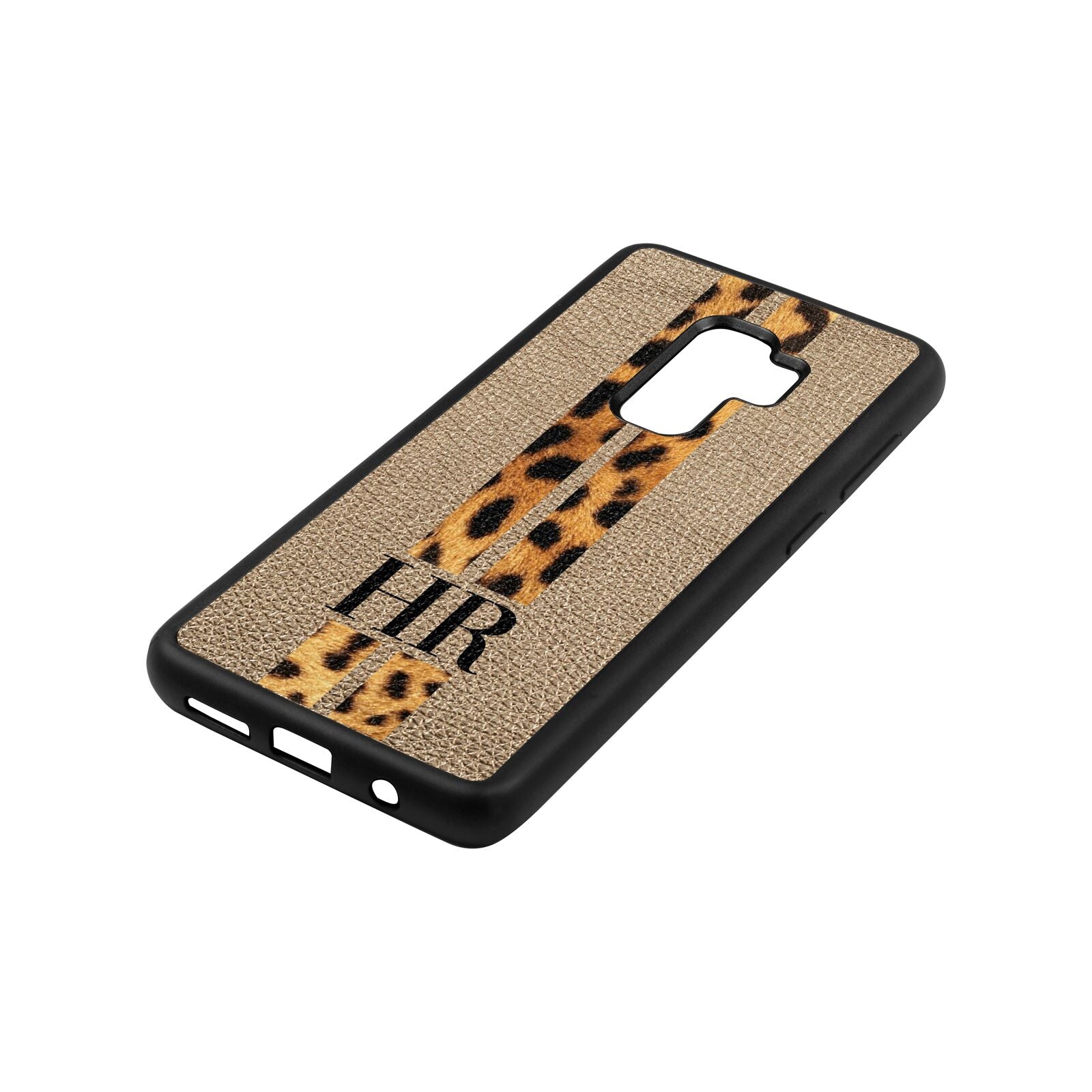 Initialled Leopard Print Stripes Gold Pebble Leather Samsung S9 Plus Case Side Angle