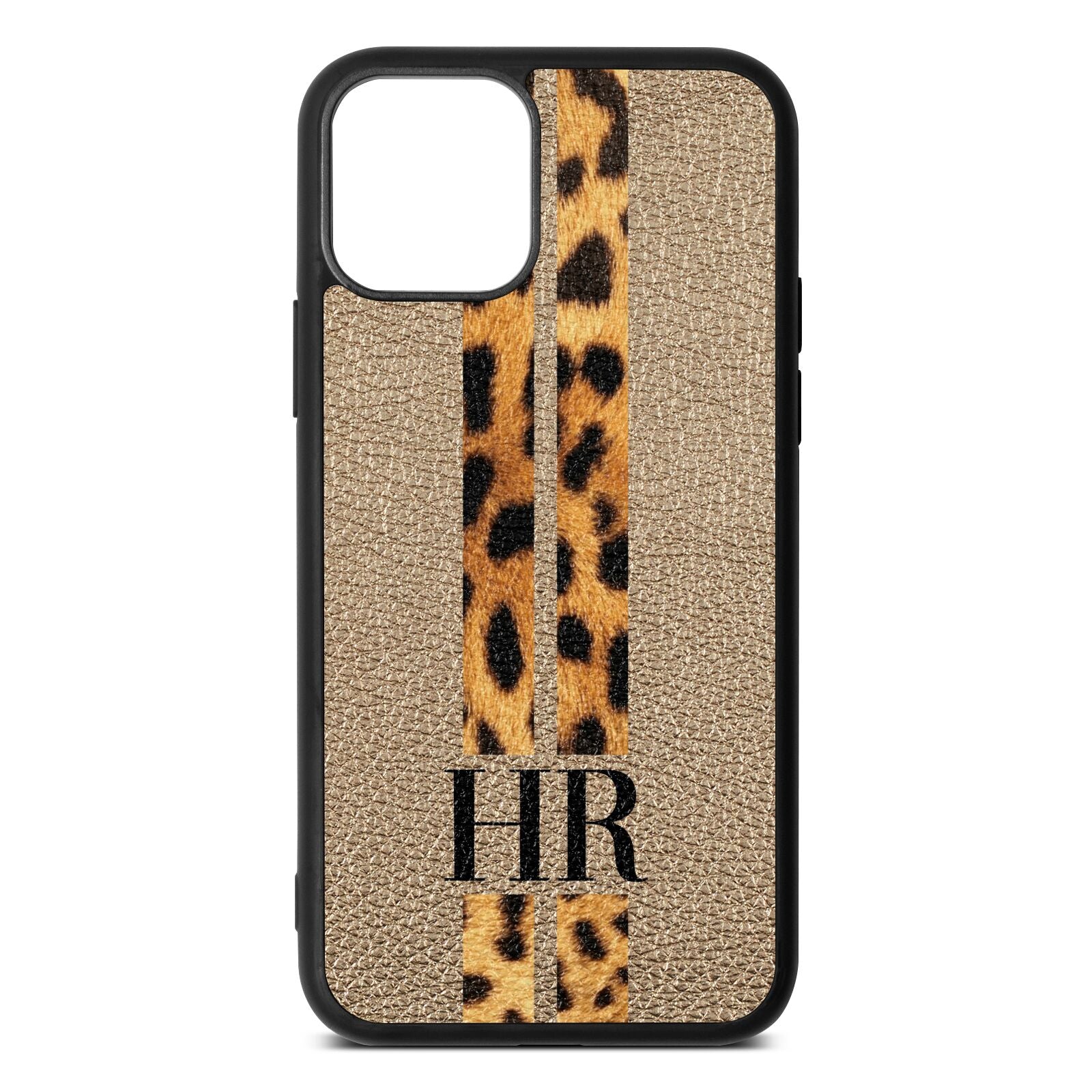 Initialled Leopard Print Stripes Gold Pebble Leather iPhone 11 Case