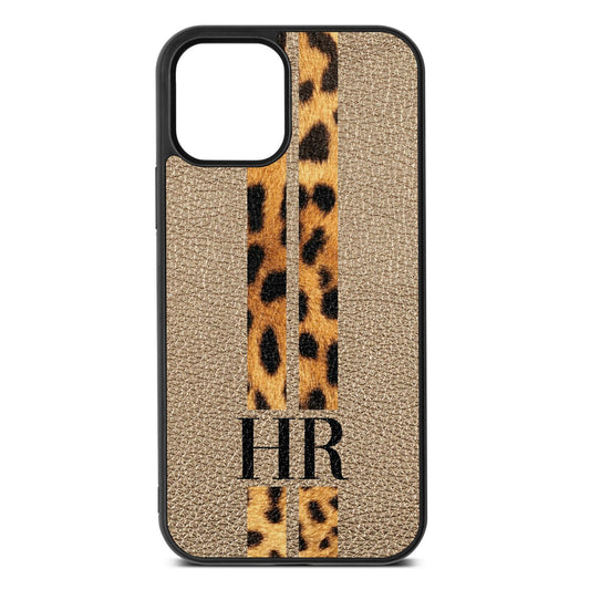 Initialled Leopard Print Stripes Gold Pebble Leather iPhone 12 Case