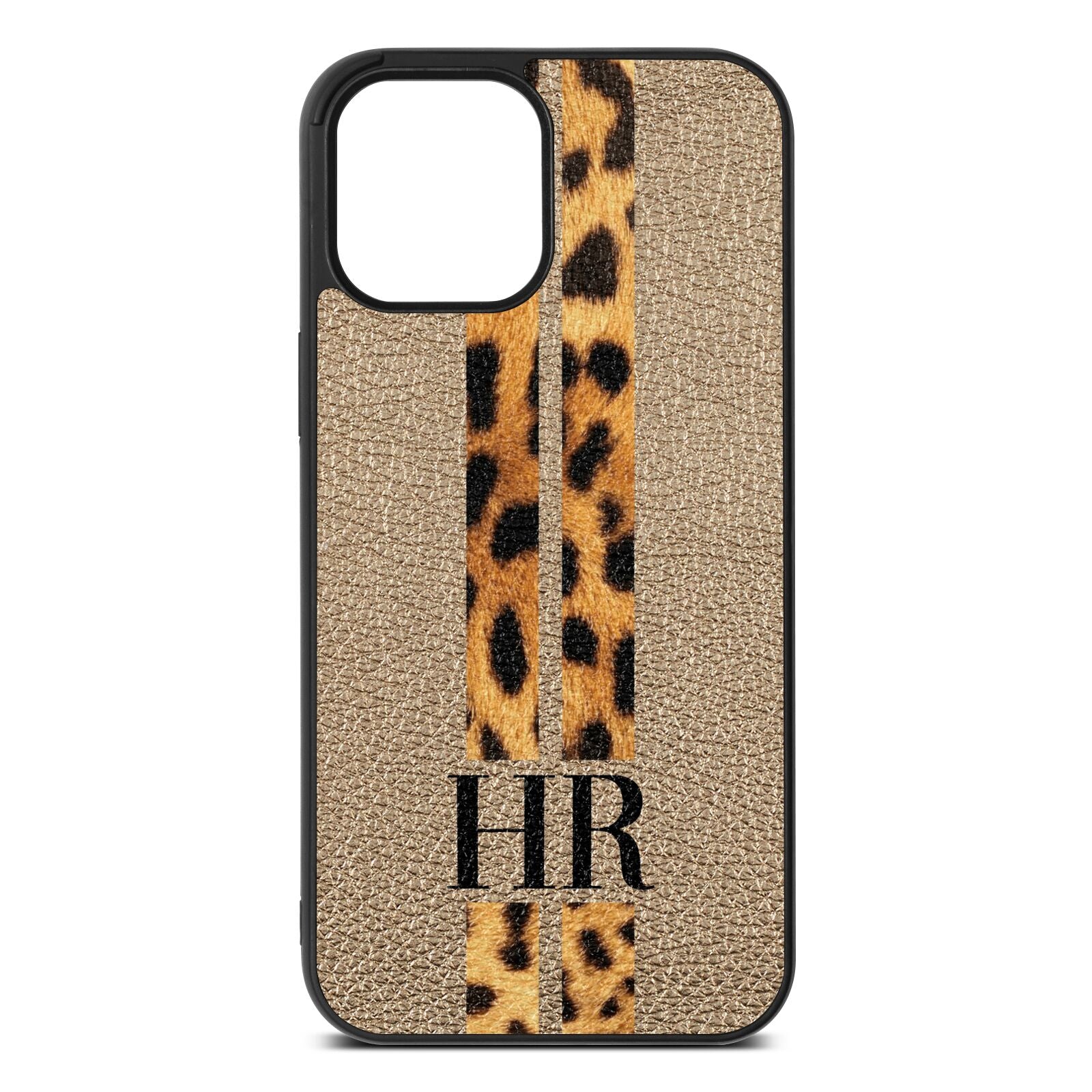 Initialled Leopard Print Stripes Gold Pebble Leather iPhone 12 Pro Max Case