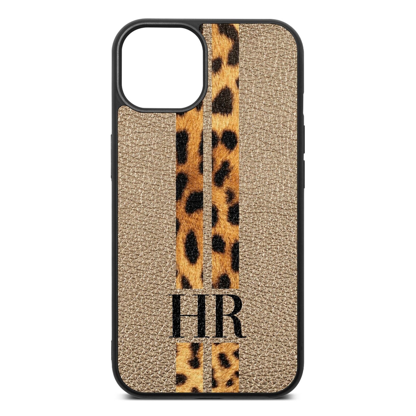 Initialled Leopard Print Stripes Gold Pebble Leather iPhone 13 Case
