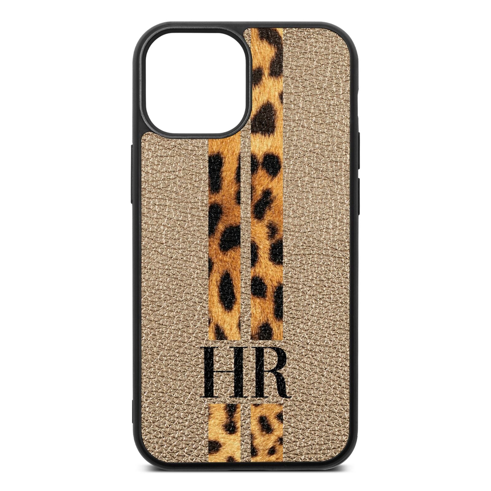 Initialled Leopard Print Stripes Gold Pebble Leather iPhone 13 Mini Case