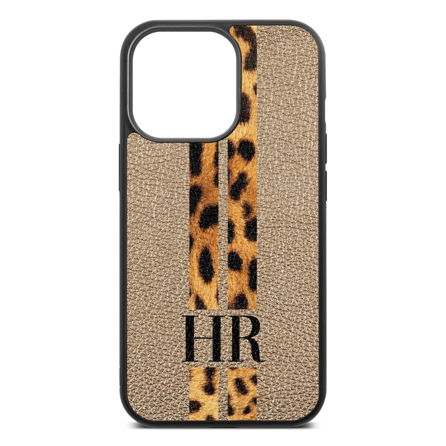 Initialled Leopard Print Stripes Gold Pebble Leather iPhone 13 Pro Case
