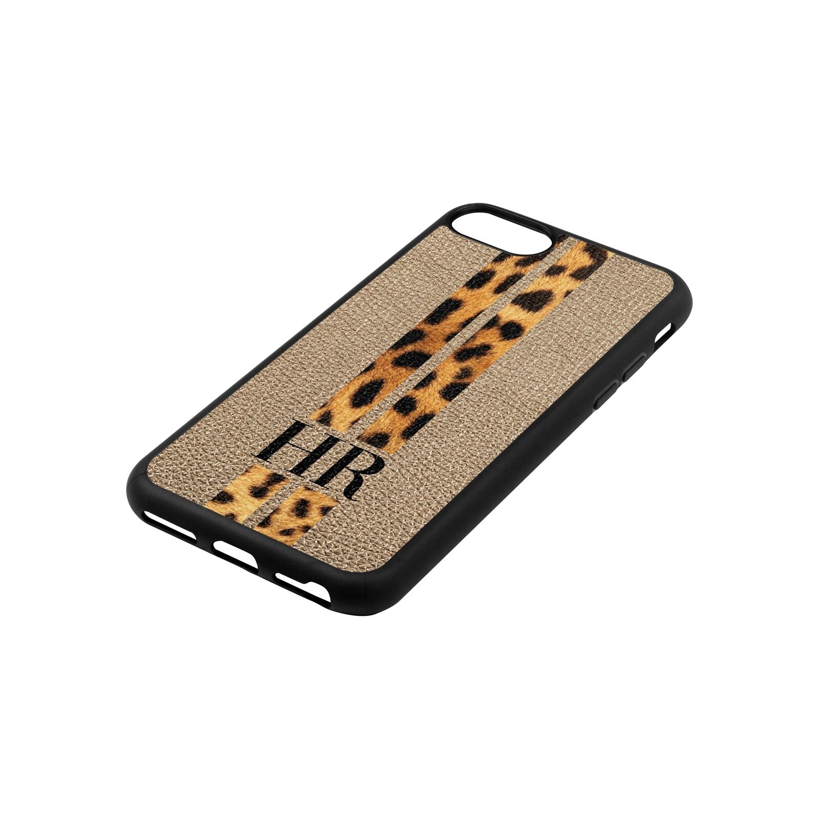 Initialled Leopard Print Stripes Gold Pebble Leather iPhone 8 Case Side Angle