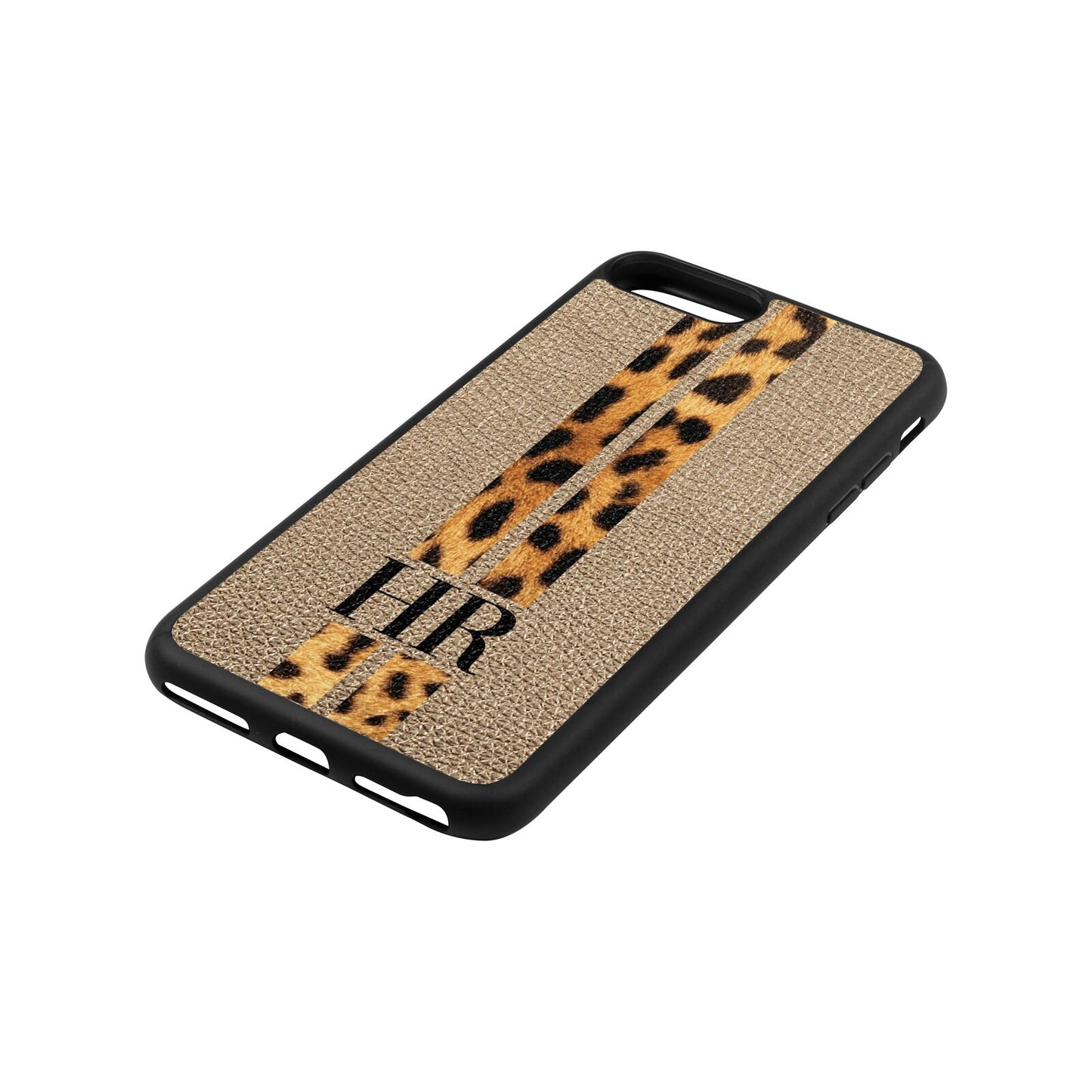 Initialled Leopard Print Stripes Gold Pebble Leather iPhone 8 Plus Case Side Angle