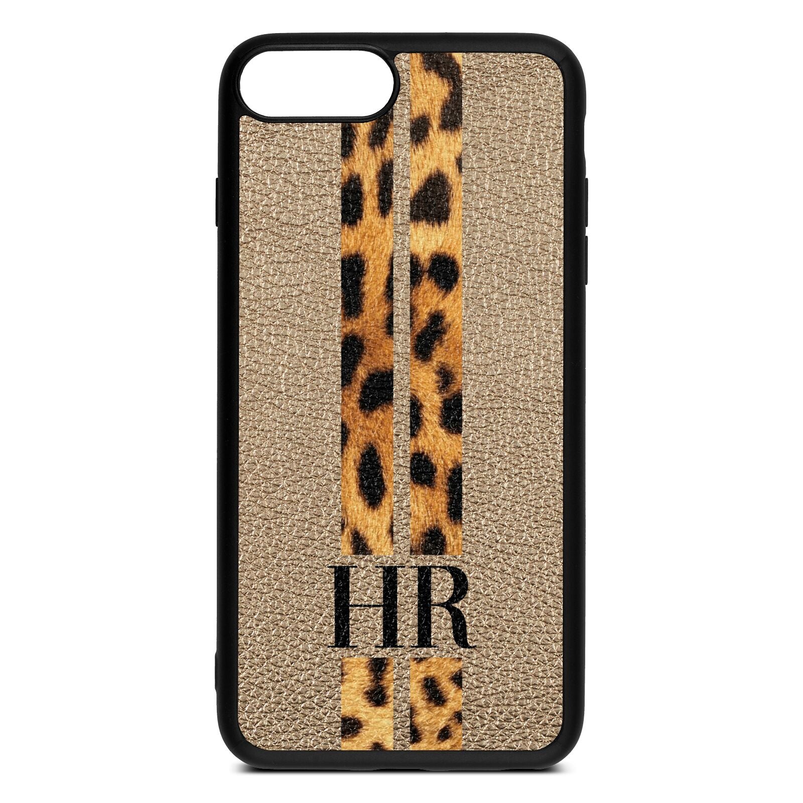 Initialled Leopard Print Stripes Gold Pebble Leather iPhone 8 Plus Case