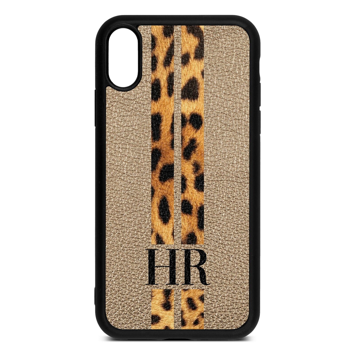 Initialled Leopard Print Stripes Gold Pebble Leather iPhone Xr Case