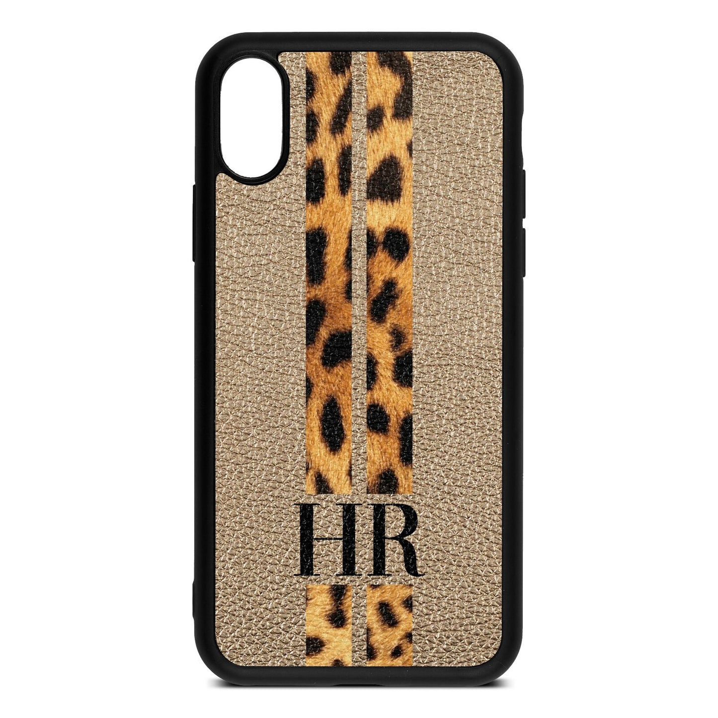 Initialled Leopard Print Stripes Gold Pebble Leather iPhone Xs Case