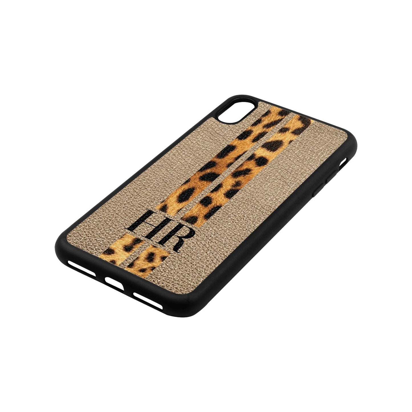 Initialled Leopard Print Stripes Gold Pebble Leather iPhone Xs Max Case Side Angle