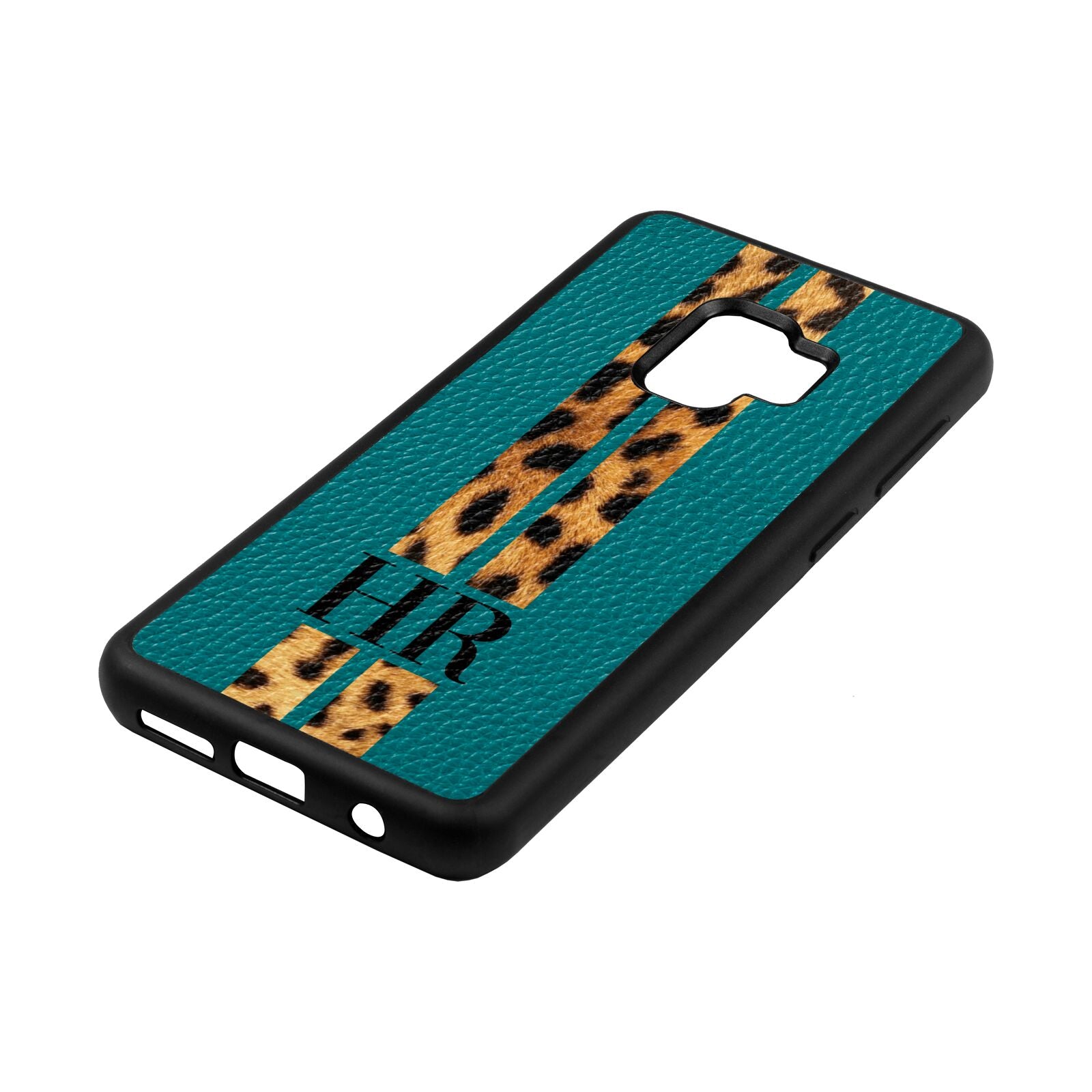 Initialled Leopard Print Stripes Green Pebble Leather Samsung S9 Case Side Angle