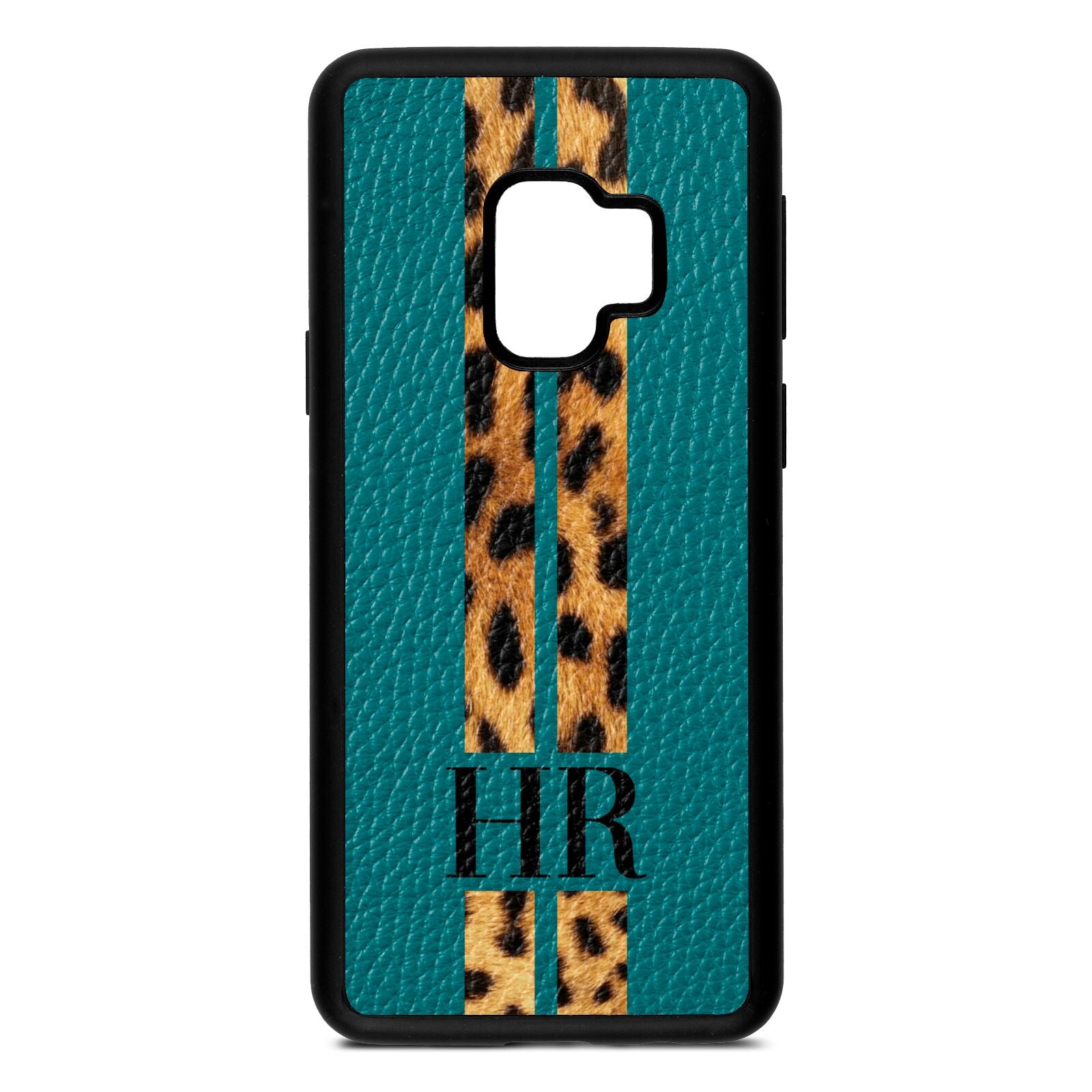 Initialled Leopard Print Stripes Green Pebble Leather Samsung S9 Case