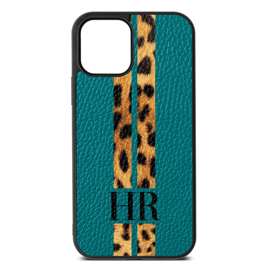 Initialled Leopard Print Stripes Green Pebble Leather iPhone 12 Case