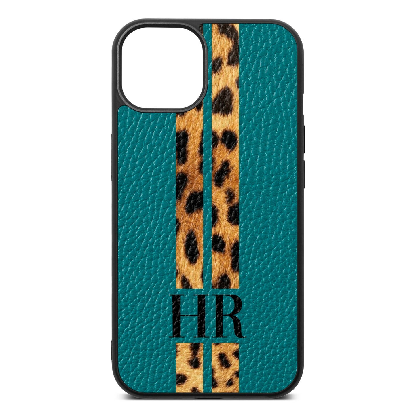 Initialled Leopard Print Stripes Green Pebble Leather iPhone 13 Case