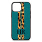 Initialled Leopard Print Stripes Green Pebble Leather iPhone 13 Mini Case