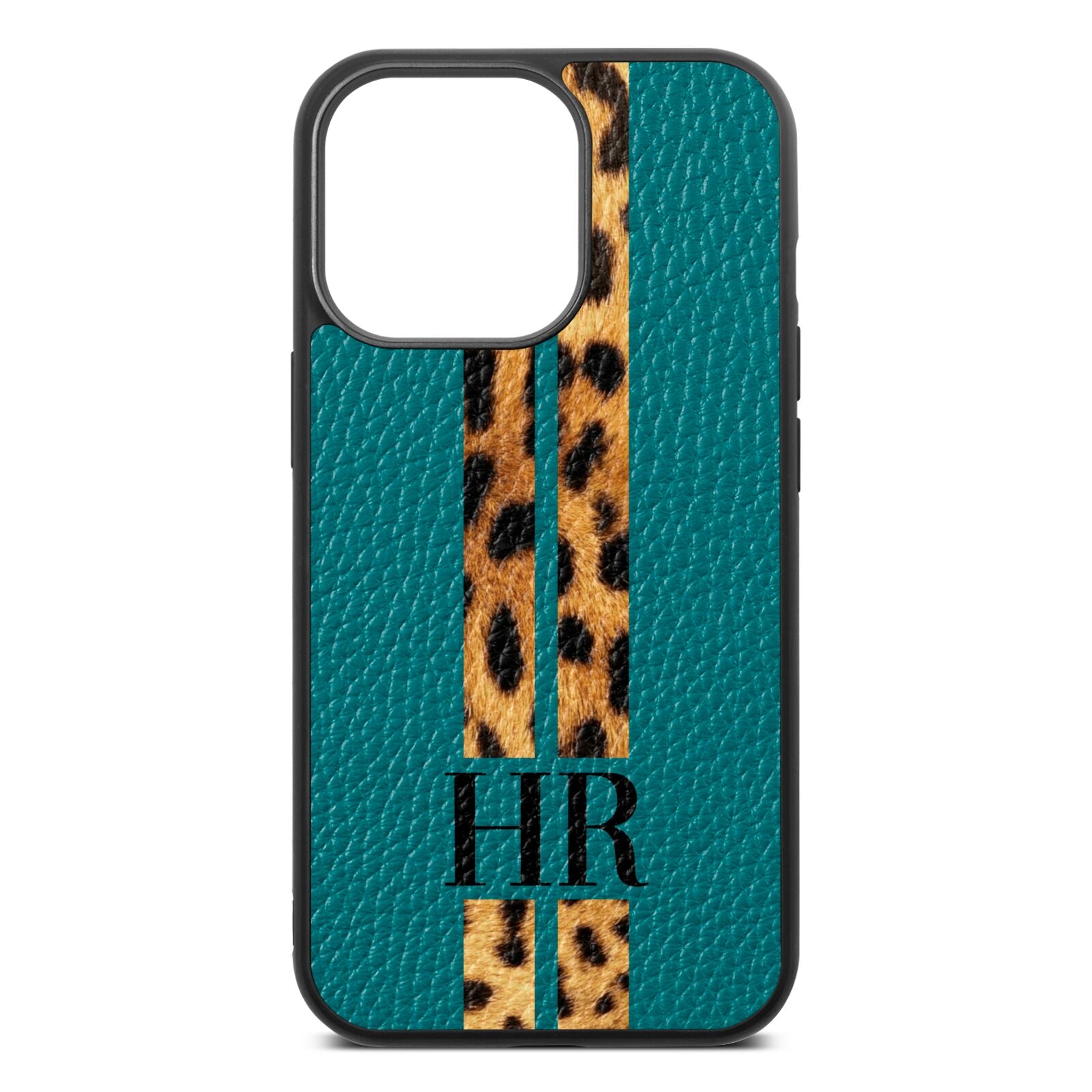 Initialled Leopard Print Stripes Green Pebble Leather iPhone 13 Pro Case