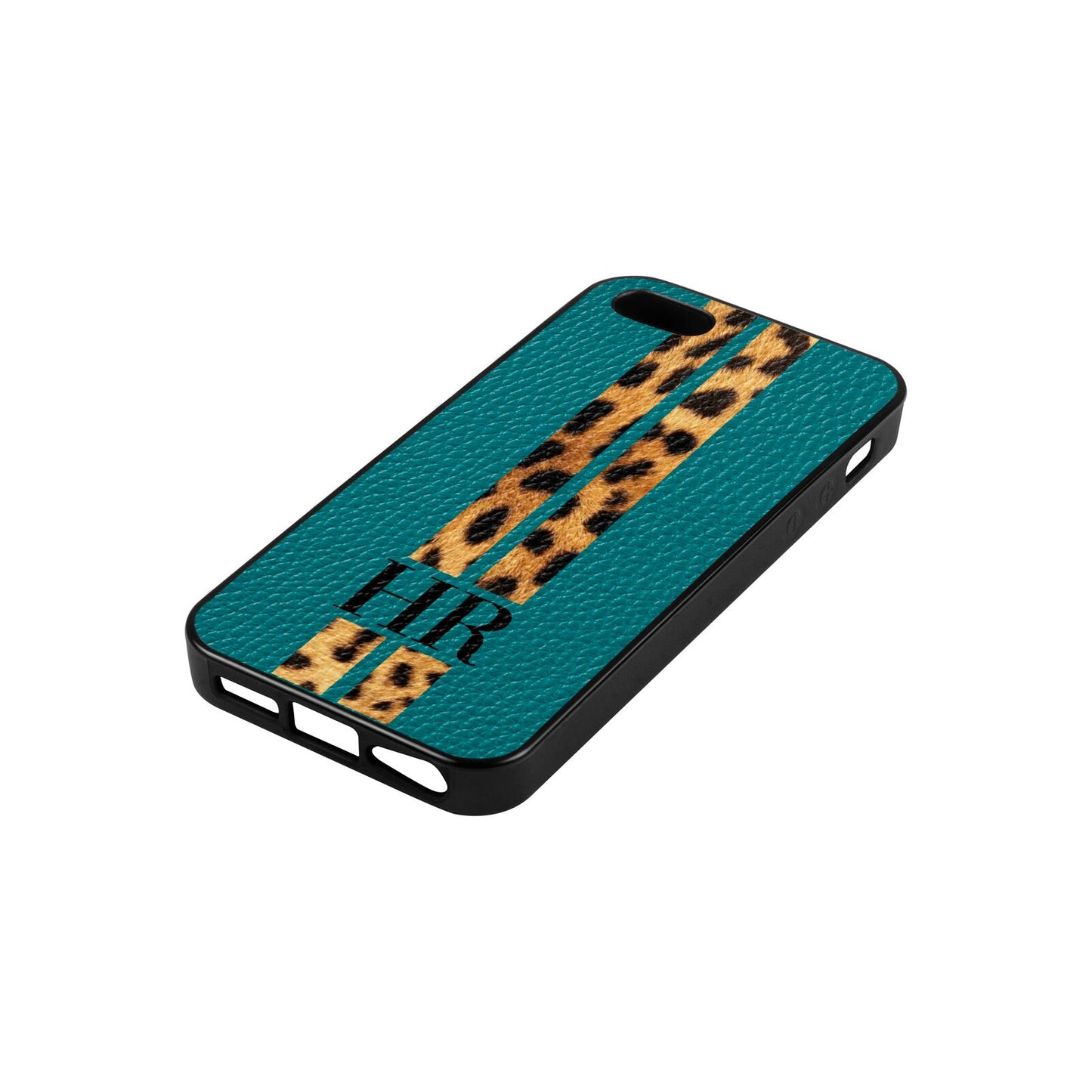 Initialled Leopard Print Stripes Green Pebble Leather iPhone 5 Case Side Angle