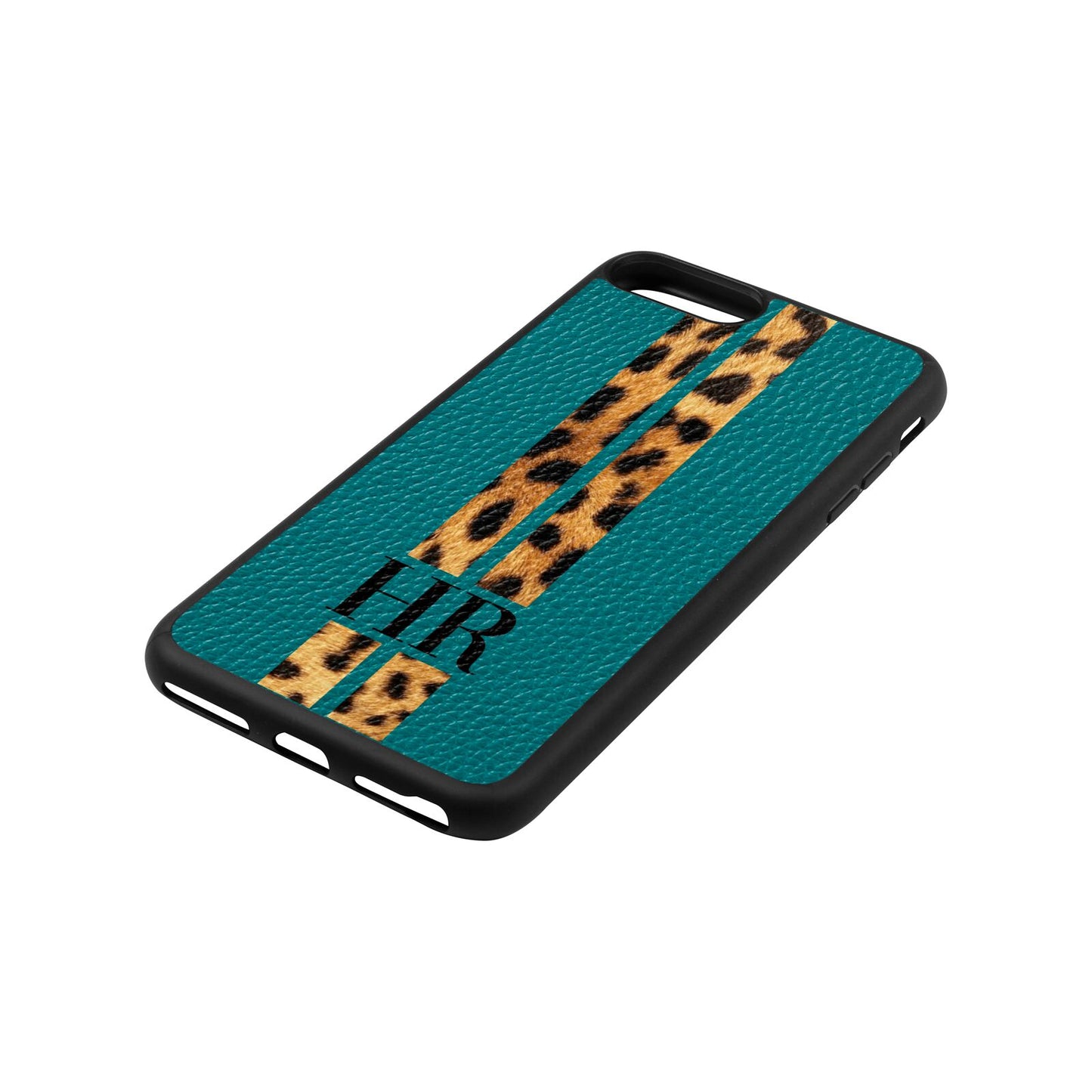 Initialled Leopard Print Stripes Green Pebble Leather iPhone 8 Plus Case Side Angle