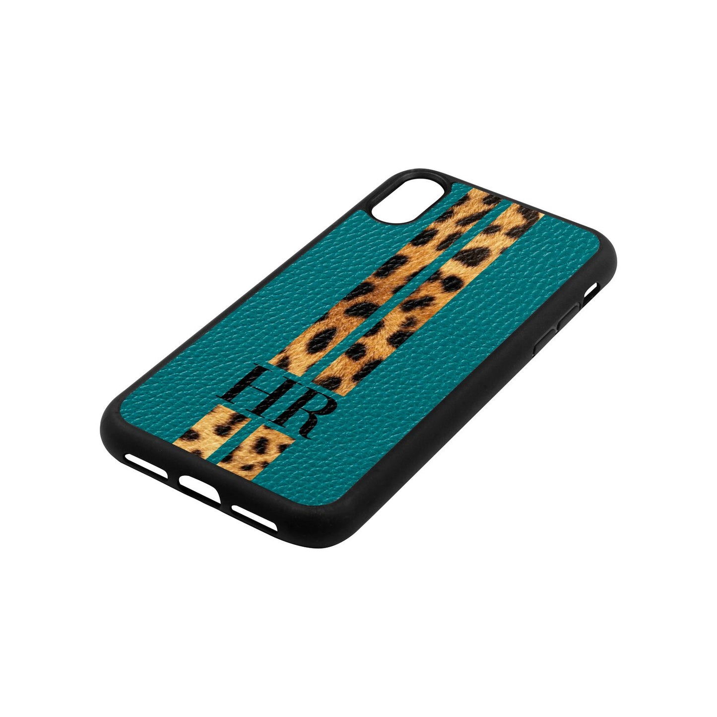 Initialled Leopard Print Stripes Green Pebble Leather iPhone Xr Case Side Angle