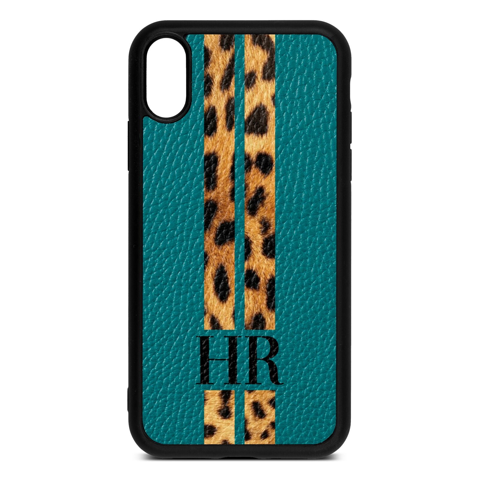 Initialled Leopard Print Stripes Green Pebble Leather iPhone Xr Case