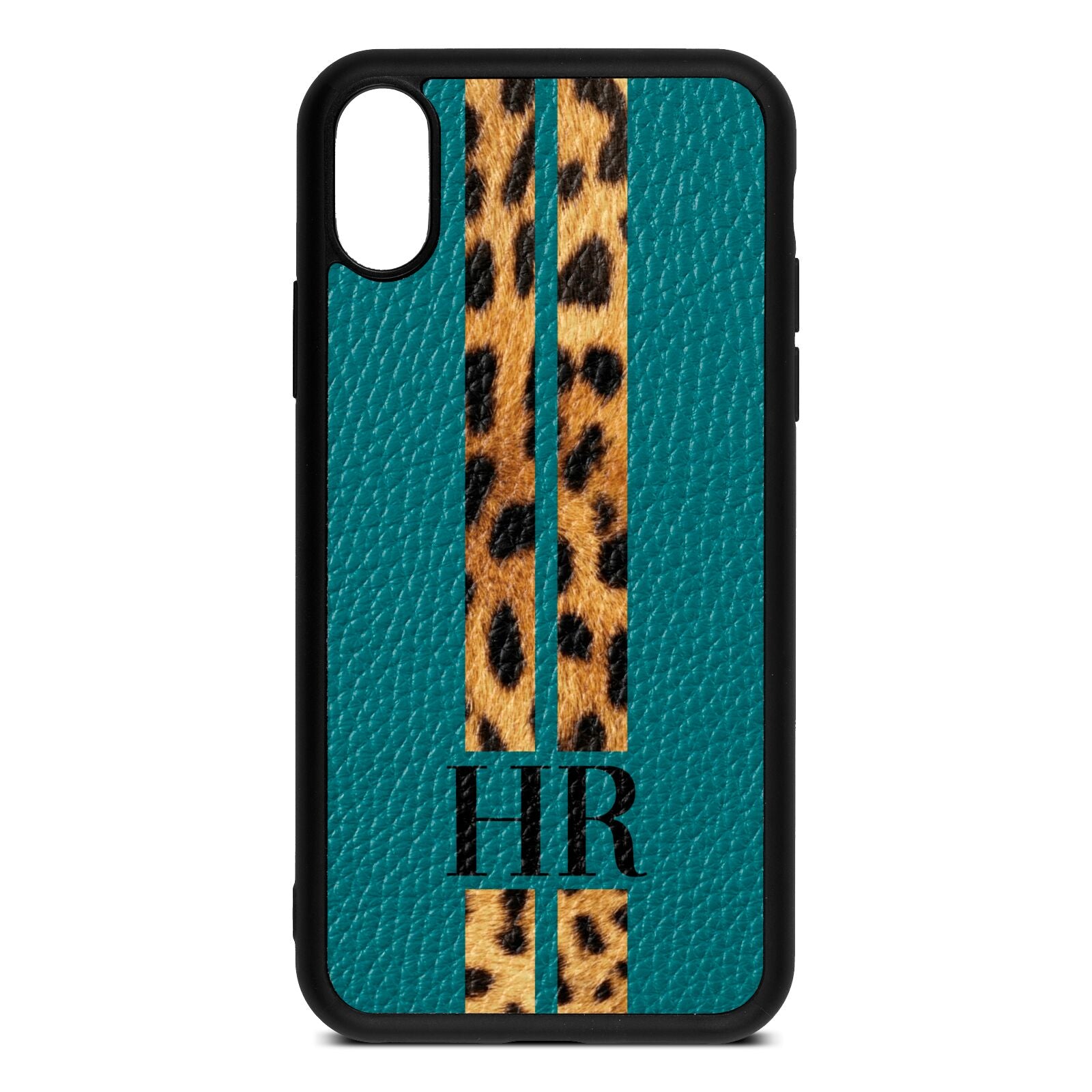 Initialled Leopard Print Stripes Green Pebble Leather iPhone Xs Case