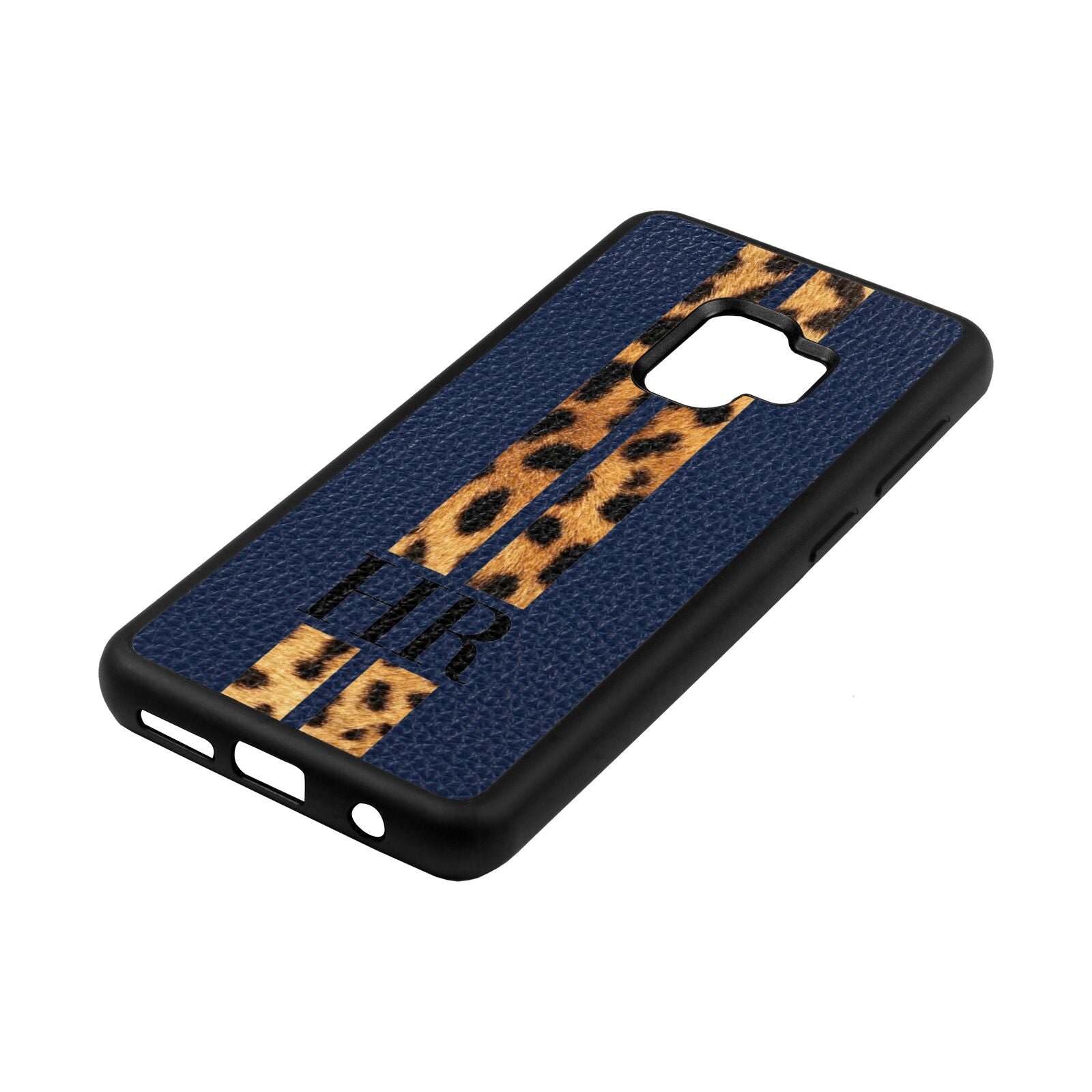 Initialled Leopard Print Stripes Navy Blue Pebble Leather Samsung S9 Case Side Angle
