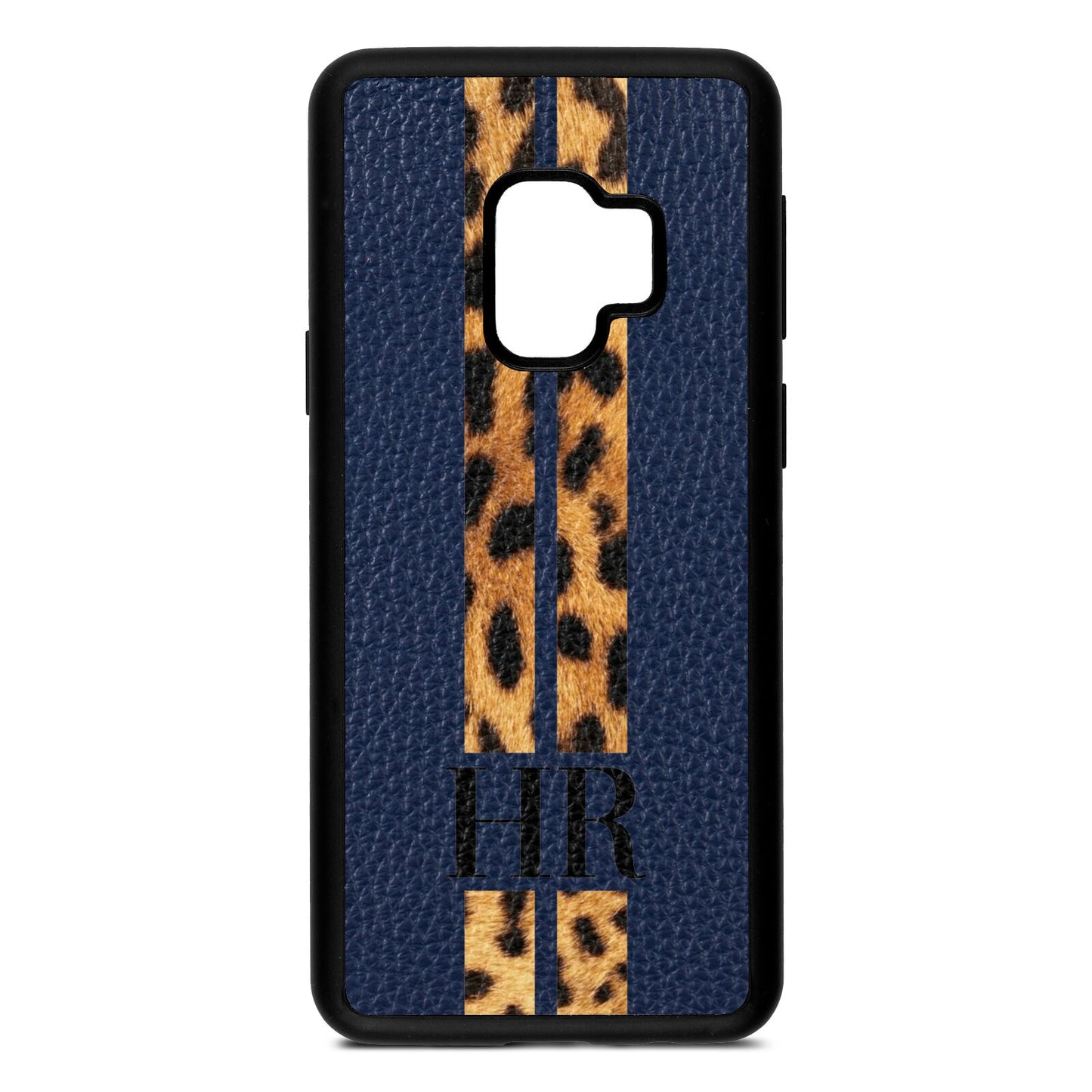 Initialled Leopard Print Stripes Navy Blue Pebble Leather Samsung S9 Case