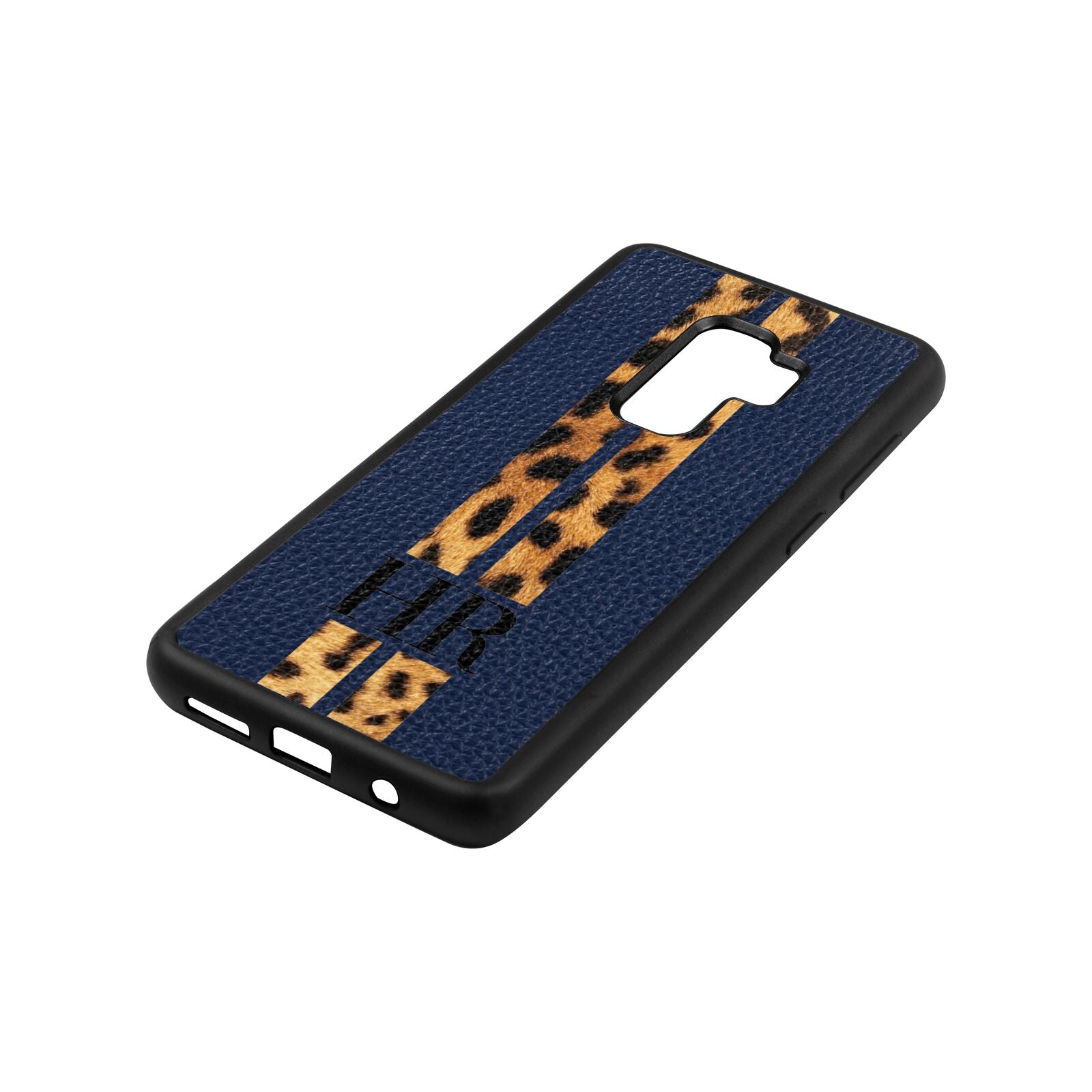 Initialled Leopard Print Stripes Navy Blue Pebble Leather Samsung S9 Plus Case Side Angle