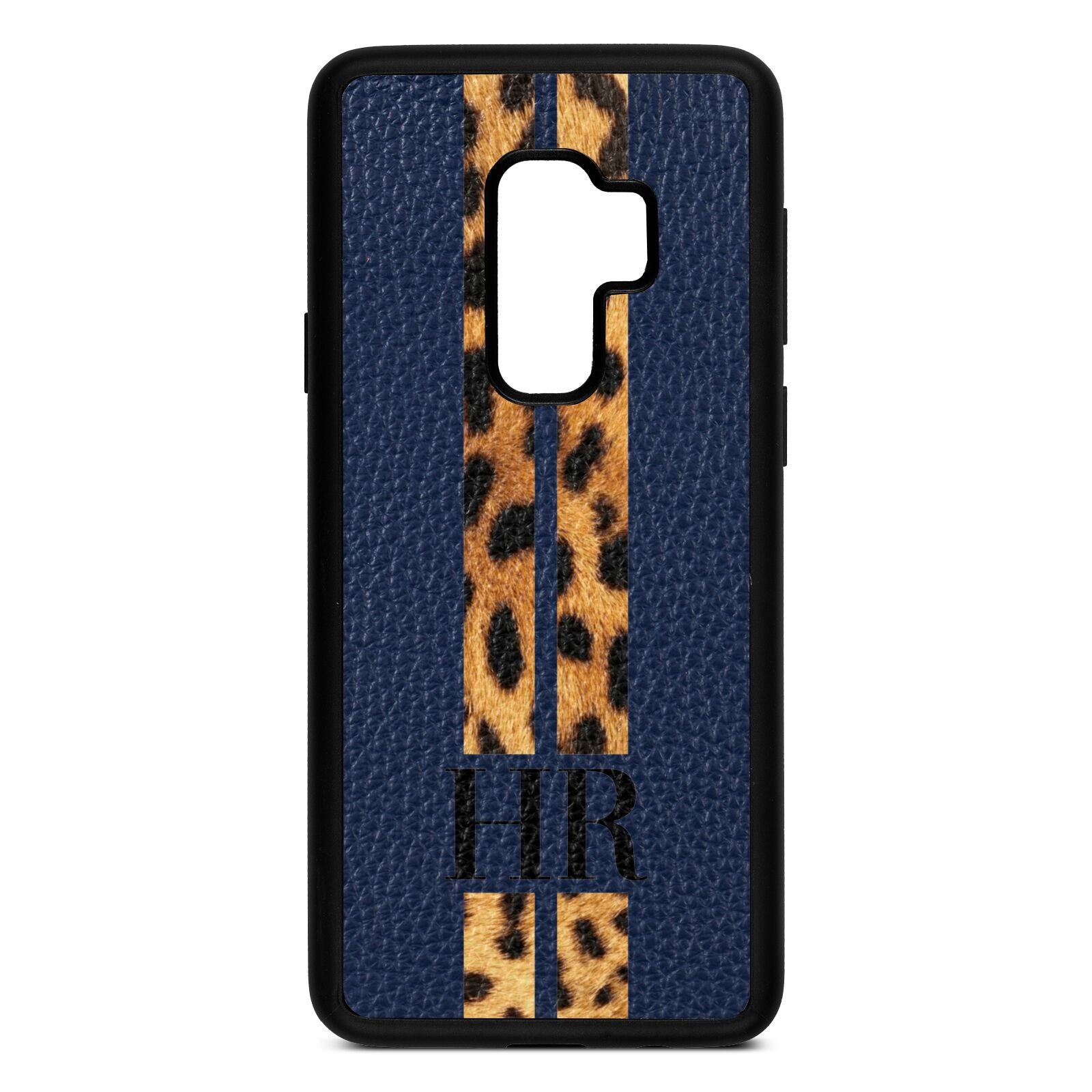 Initialled Leopard Print Stripes Navy Blue Pebble Leather Samsung S9 Plus Case