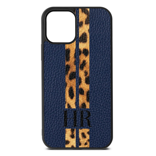 Initialled Leopard Print Stripes Navy Blue Pebble Leather iPhone 12 Case