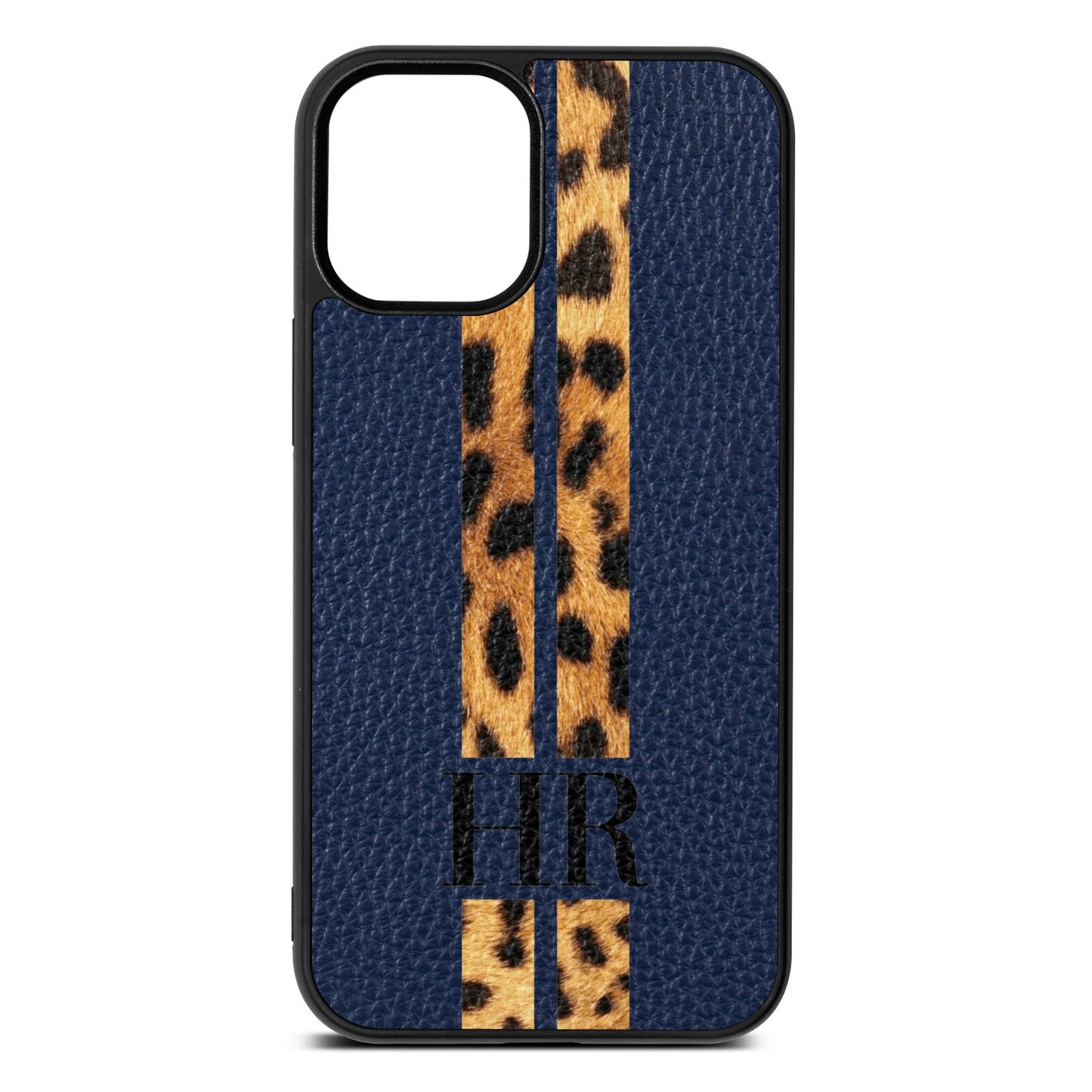 Initialled Leopard Print Stripes Navy Blue Pebble Leather iPhone 12 Mini Case