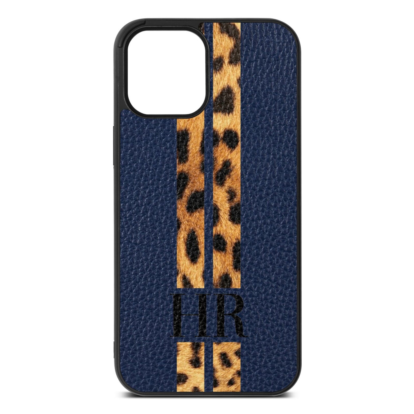 Initialled Leopard Print Stripes Navy Blue Pebble Leather iPhone 12 Pro Max Case