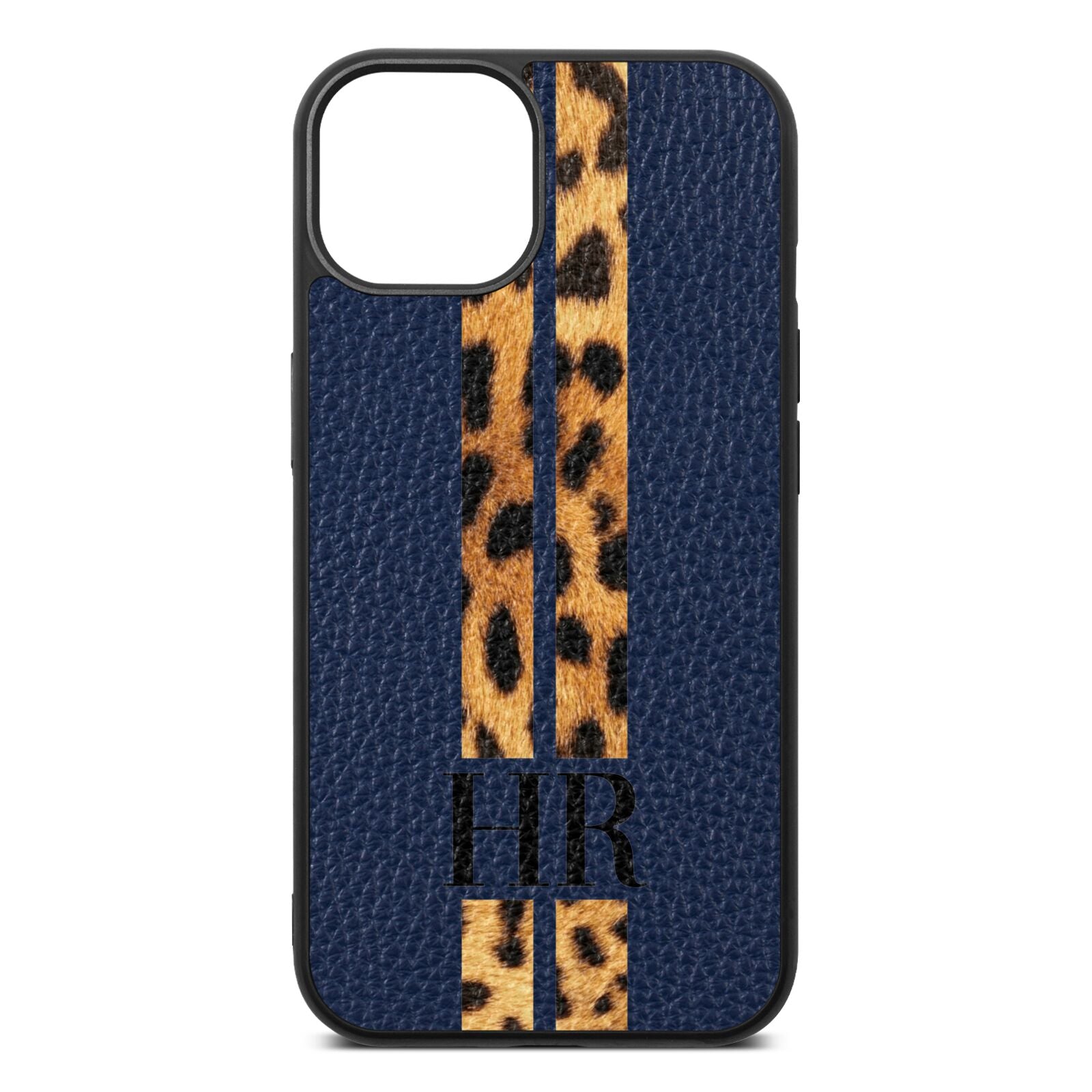Initialled Leopard Print Stripes Navy Blue Pebble Leather iPhone 13 Case
