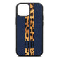 Initialled Leopard Print Stripes Navy Blue Pebble Leather iPhone 13 Mini Case