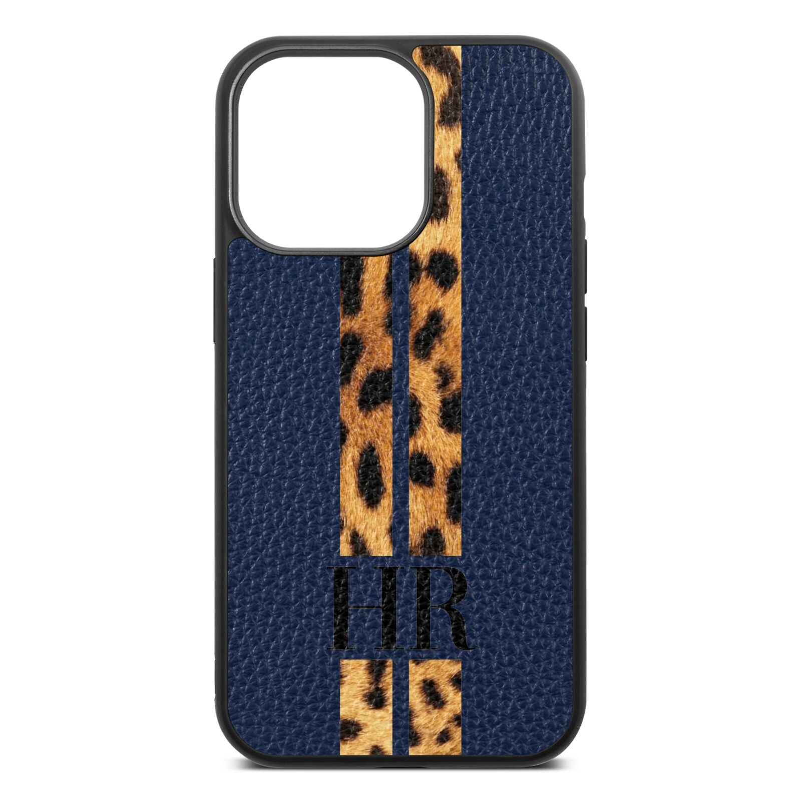 Initialled Leopard Print Stripes Navy Blue Pebble Leather iPhone 13 Pro Case