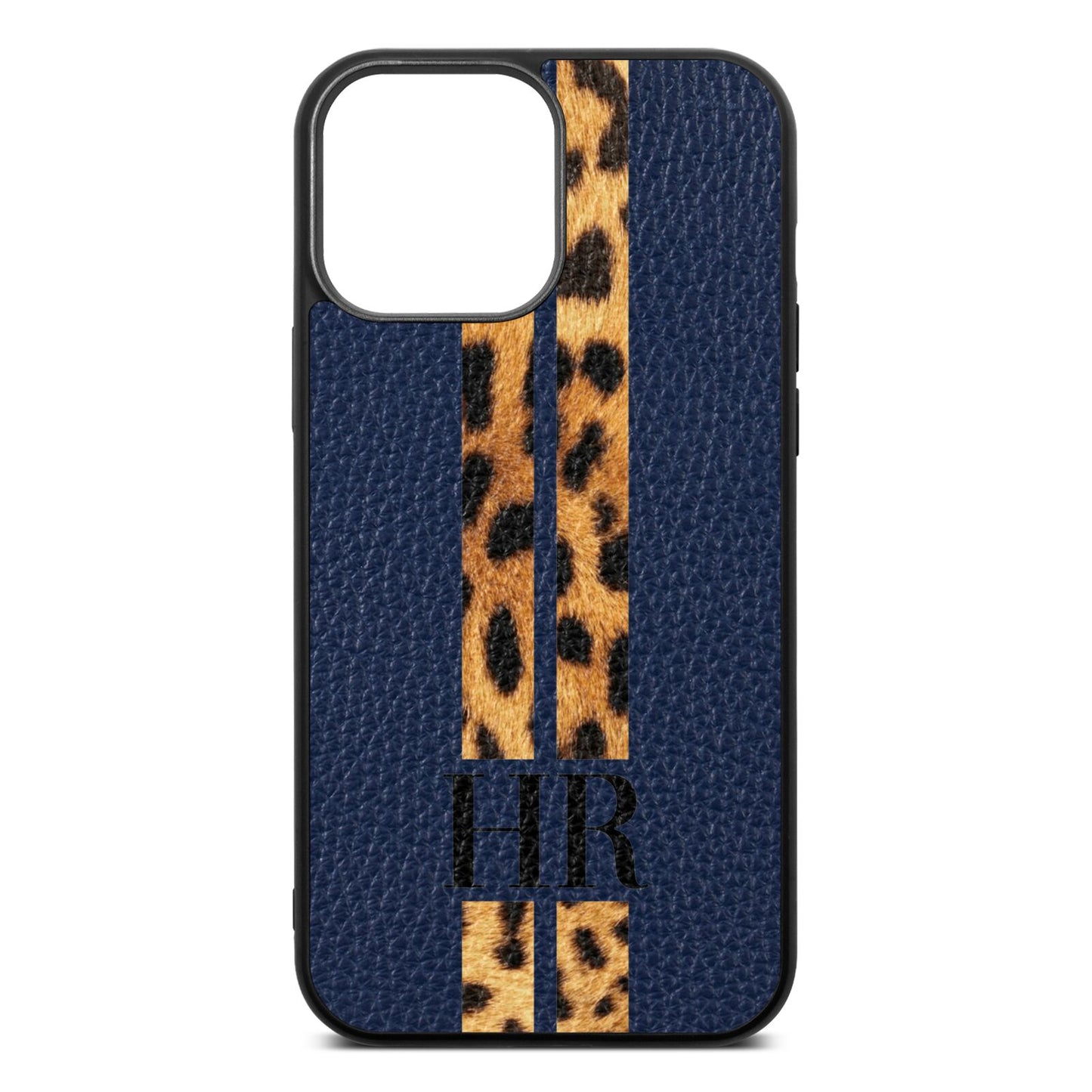 Initialled Leopard Print Stripes Navy Blue Pebble Leather iPhone 13 Pro Max Case
