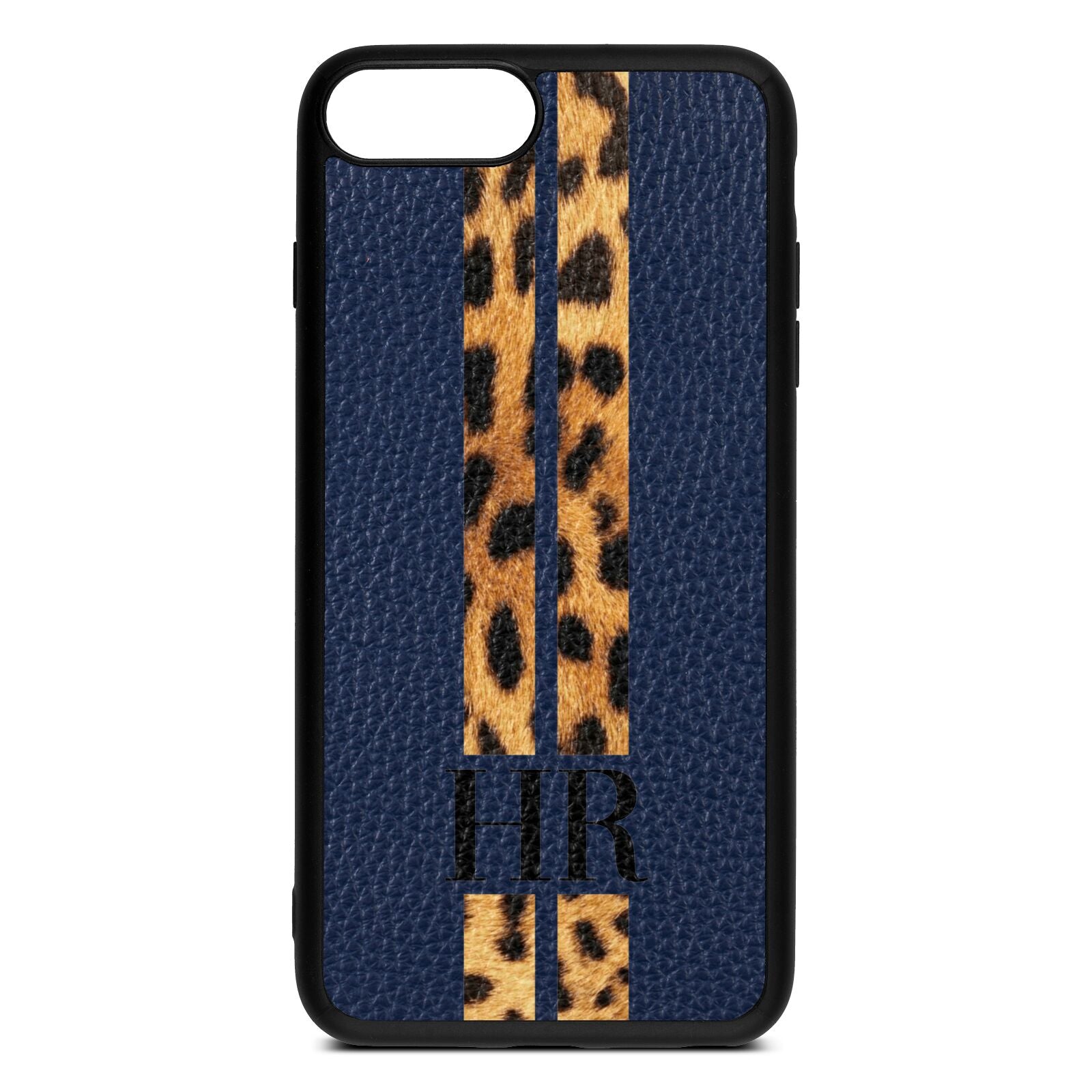 Initialled Leopard Print Stripes Navy Blue Pebble Leather iPhone 8 Plus Case