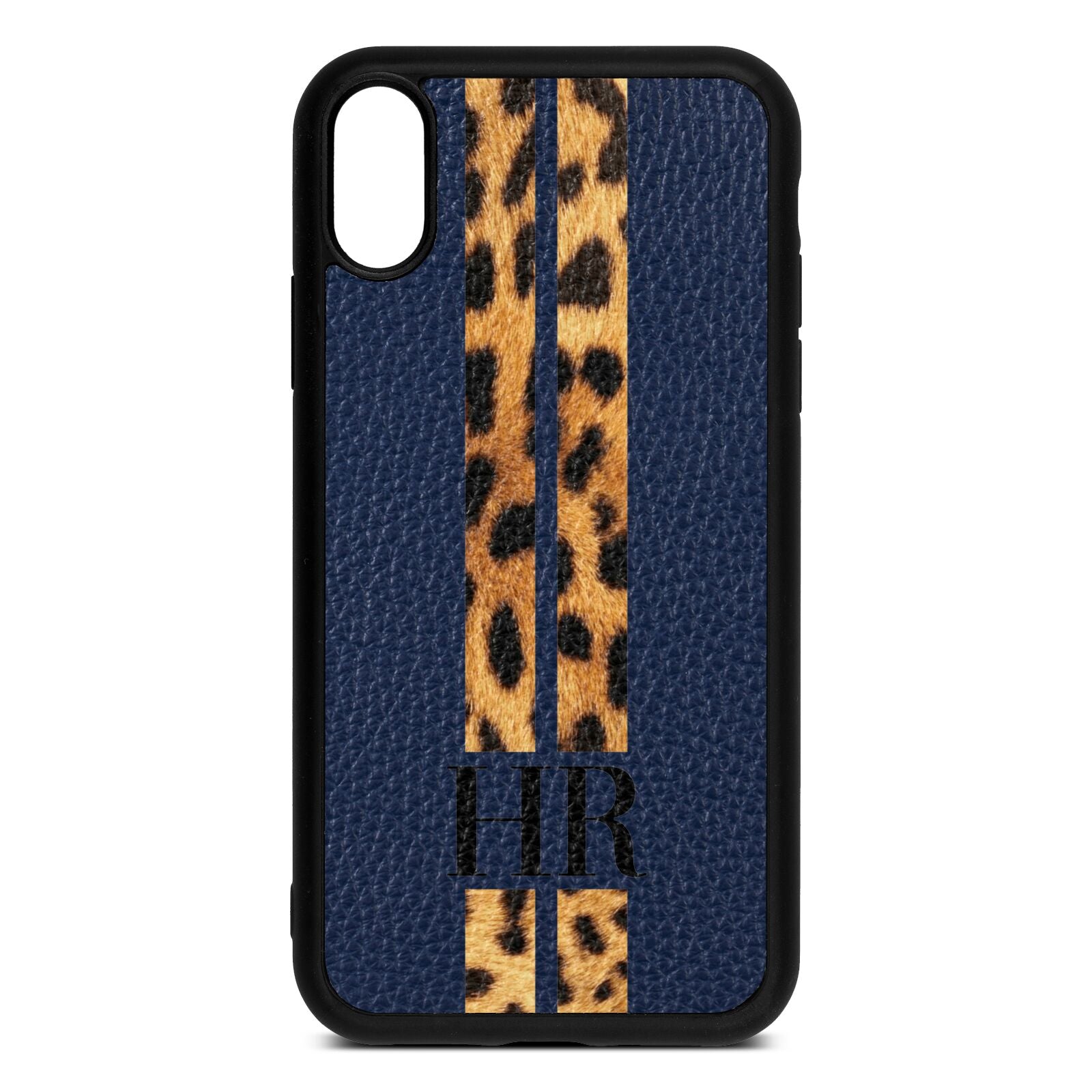 Initialled Leopard Print Stripes Navy Blue Pebble Leather iPhone Xr Case