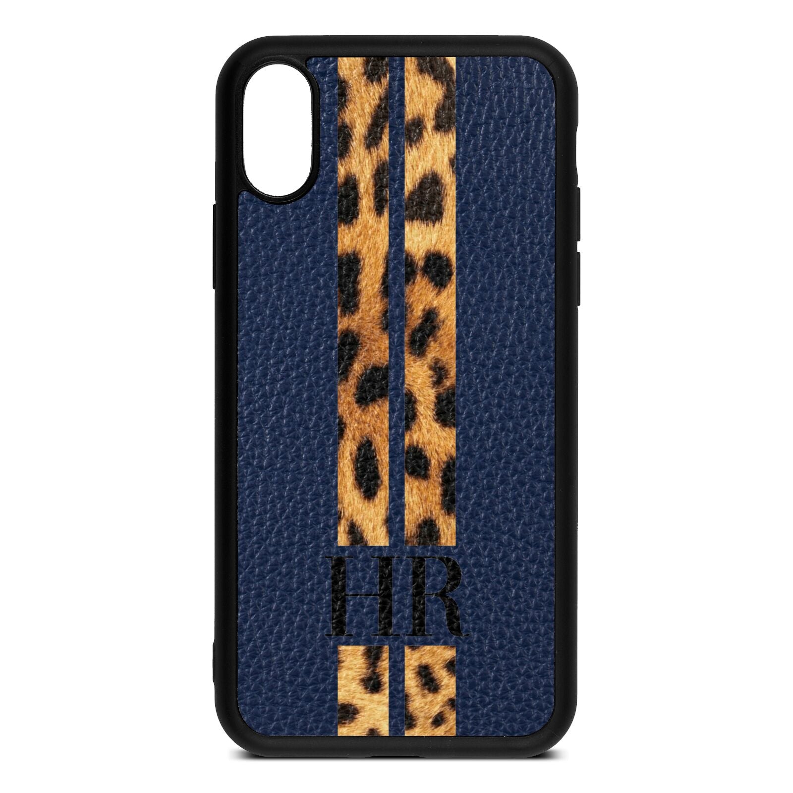 Initialled Leopard Print Stripes Navy Blue Pebble Leather iPhone Xs Case