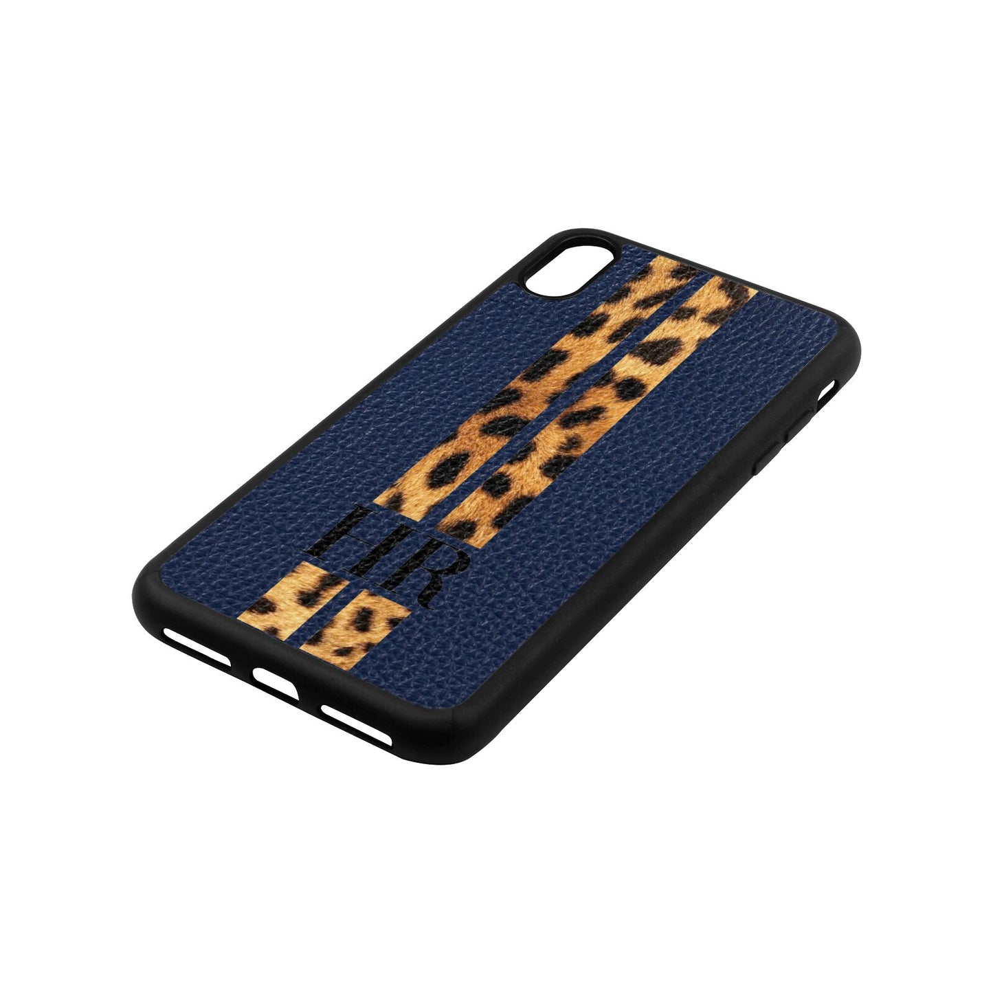 Initialled Leopard Print Stripes Navy Blue Pebble Leather iPhone Xs Max Case Side Image