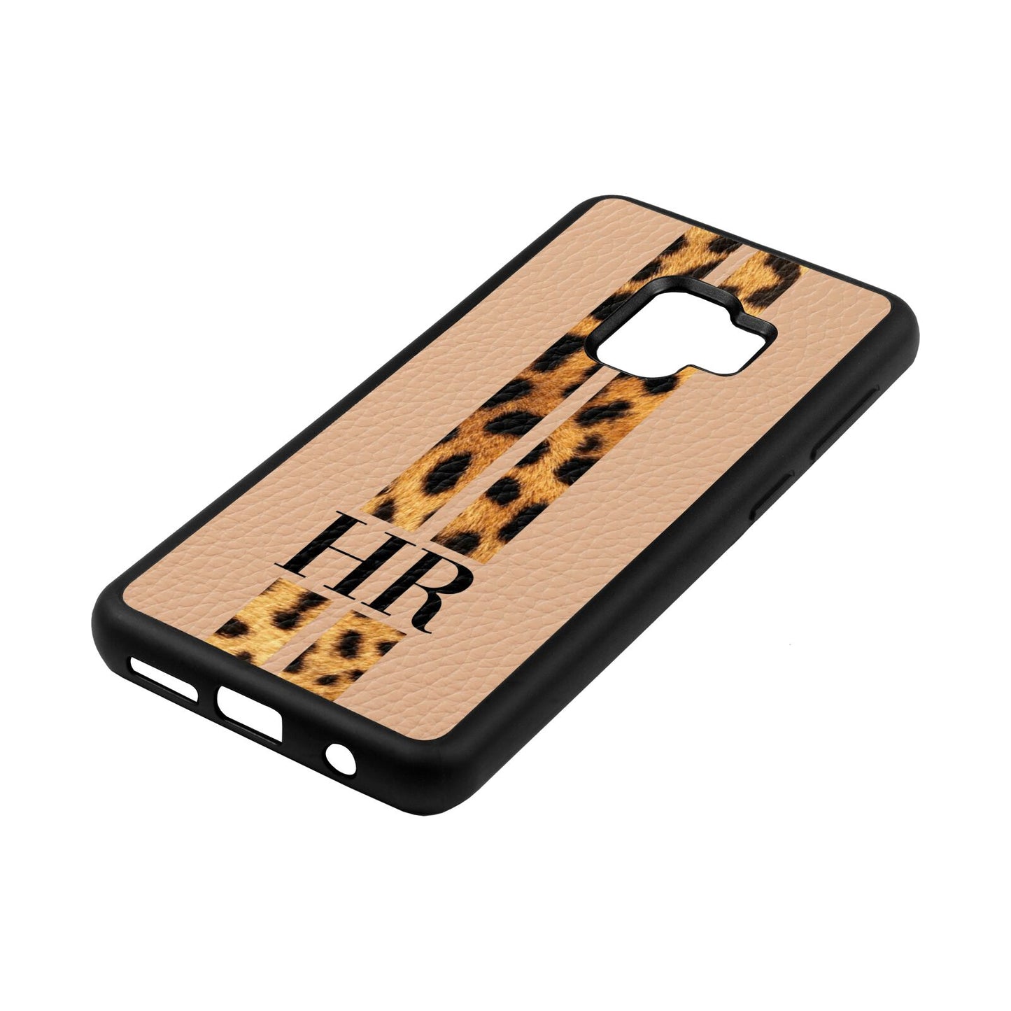 Initialled Leopard Print Stripes Nude Pebble Leather Samsung S9 Case Side Angle