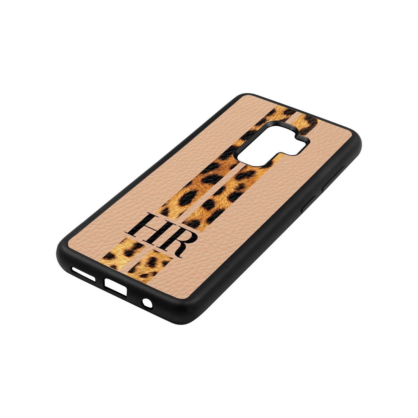 Initialled Leopard Print Stripes Nude Pebble Leather Samsung S9 Plus Case Side Angle
