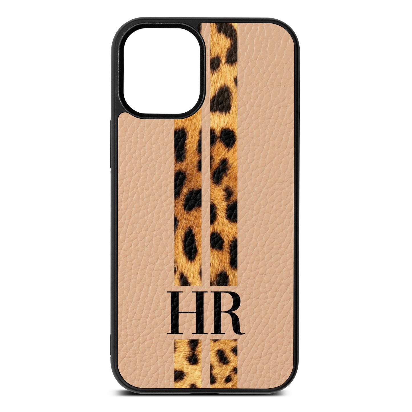 Initialled Leopard Print Stripes Nude Pebble Leather iPhone 12 Mini Case